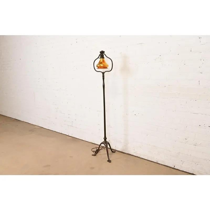Arts and Crafts Tiffany Studios New York Bronze Harp Floor Lamp With Favrile Glass Shade For Sale