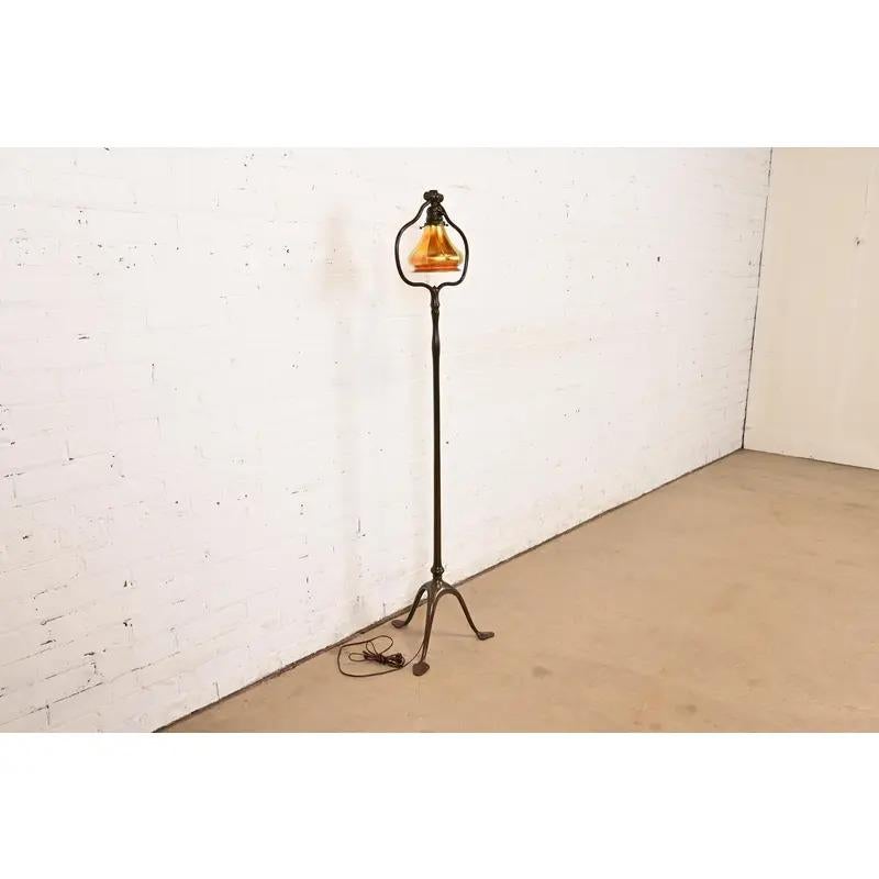 French Tiffany Studios New York Bronze Harp Floor Lamp With Favrile Glass Shade For Sale