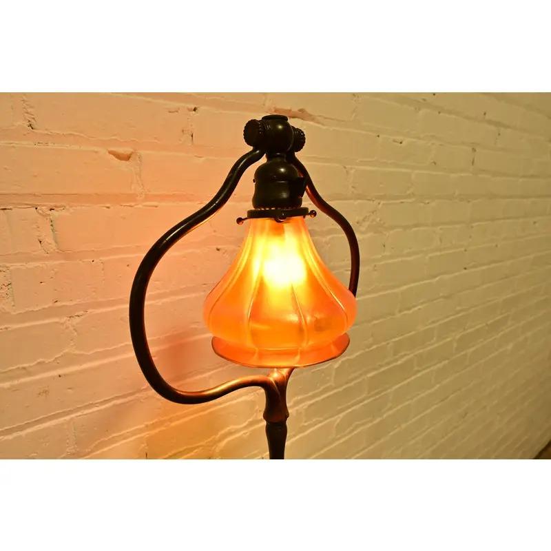 Tiffany Studios New York Bronze Harp Floor Lamp With Favrile Glass Shade In Good Condition For Sale In South Bend, IN