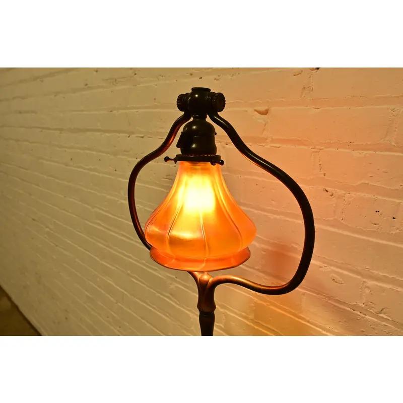 20th Century Tiffany Studios New York Bronze Harp Floor Lamp With Favrile Glass Shade For Sale