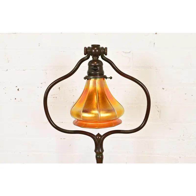 Tiffany Studios New York Bronze Harp Floor Lamp With Favrile Glass Shade For Sale 1