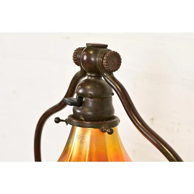 Tiffany Studios New York Bronze Harp Floor Lamp With Favrile Glass Shade For Sale 2