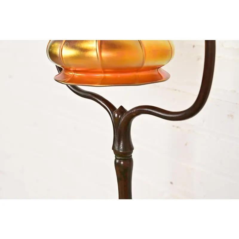 Tiffany Studios New York Bronze Harp Floor Lamp With Favrile Glass Shade For Sale 3