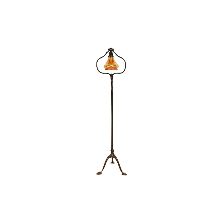 Tiffany Studios New York Bronze Harp Floor Lamp With Favrile Glass Shade