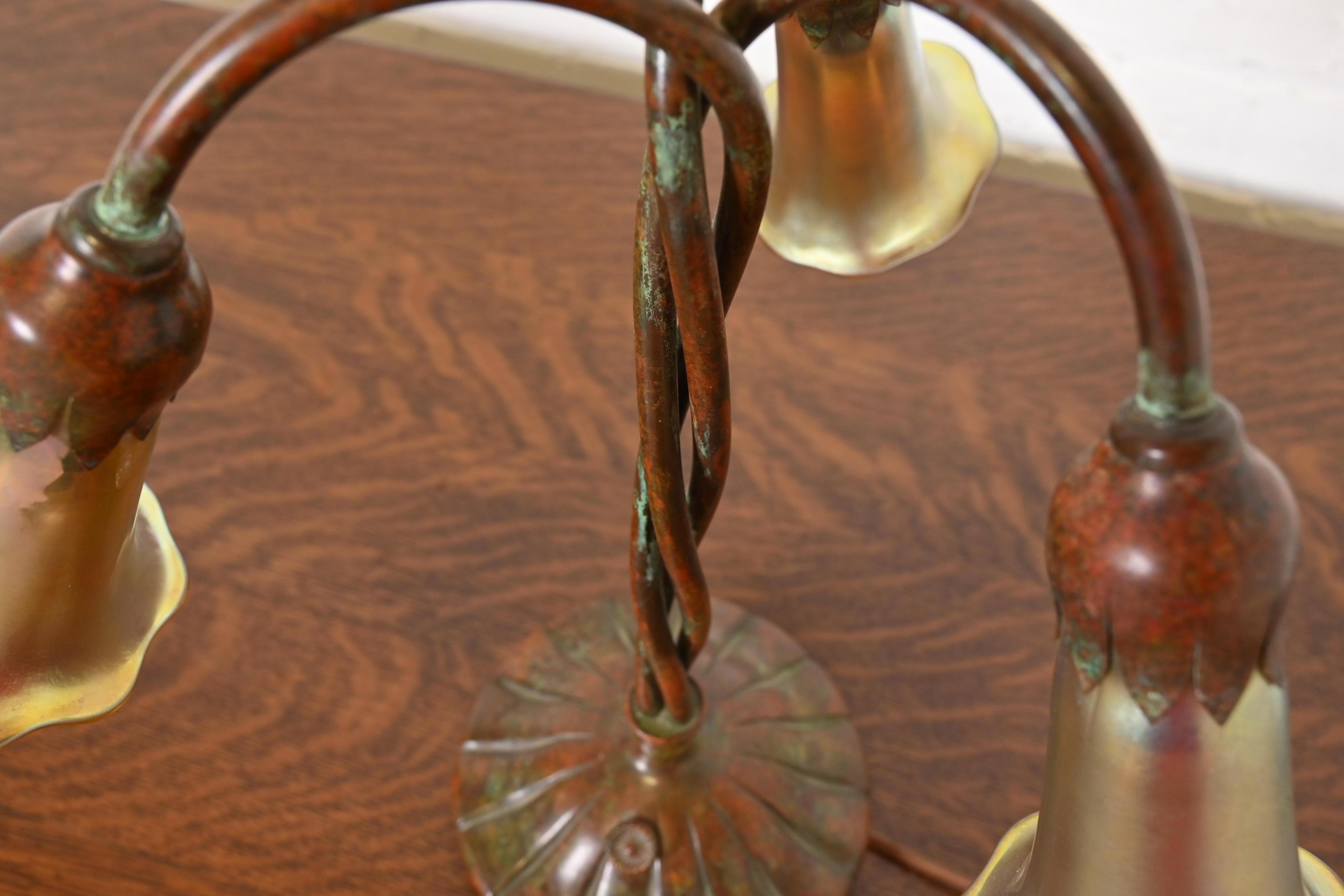 Tiffany Studios New York Bronze Three-Light Lily Table Lamp For Sale 2