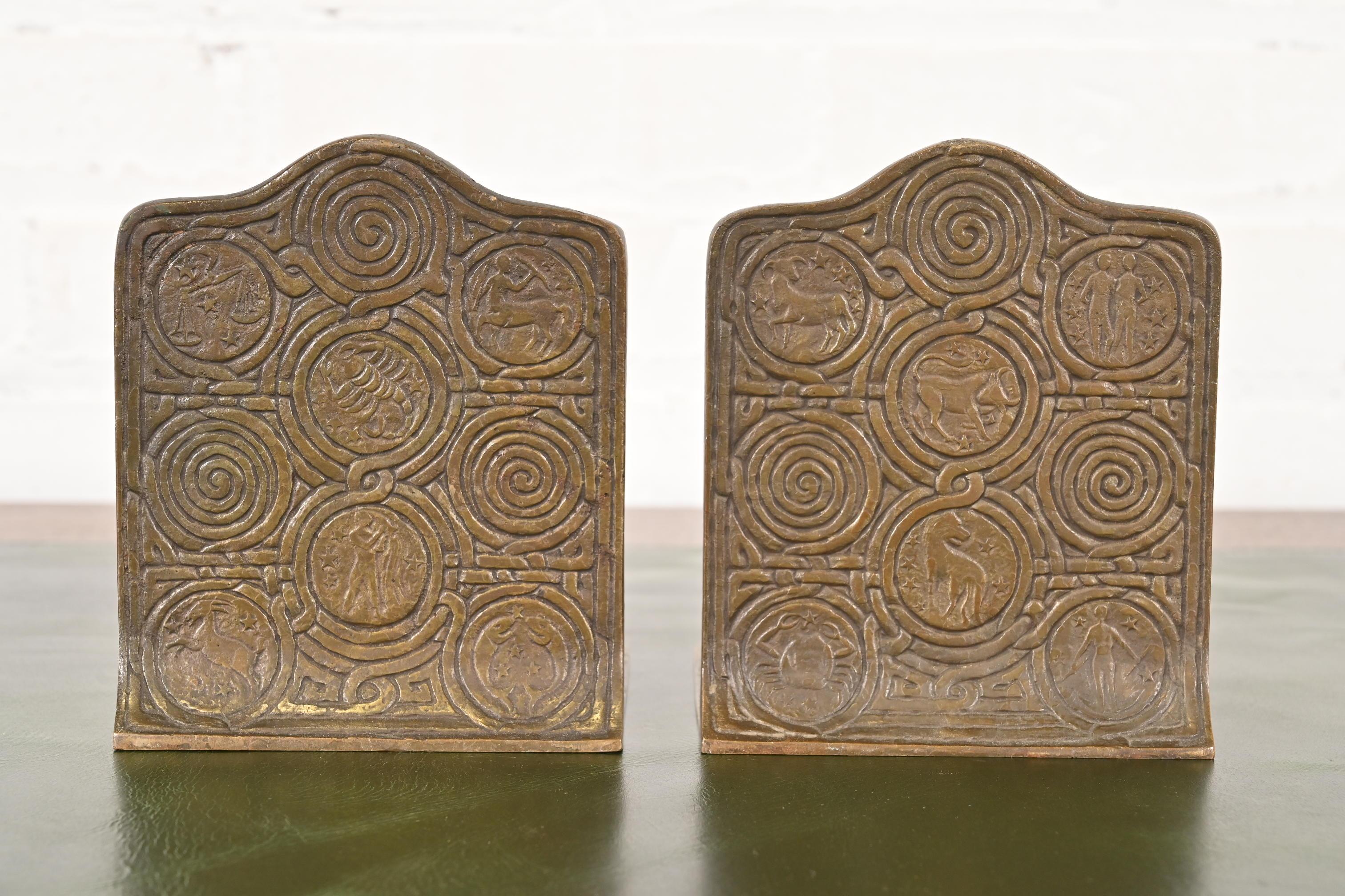 Arts and Crafts Tiffany Studios New York Bronze Zodiac Bookends, Circa 1910 For Sale