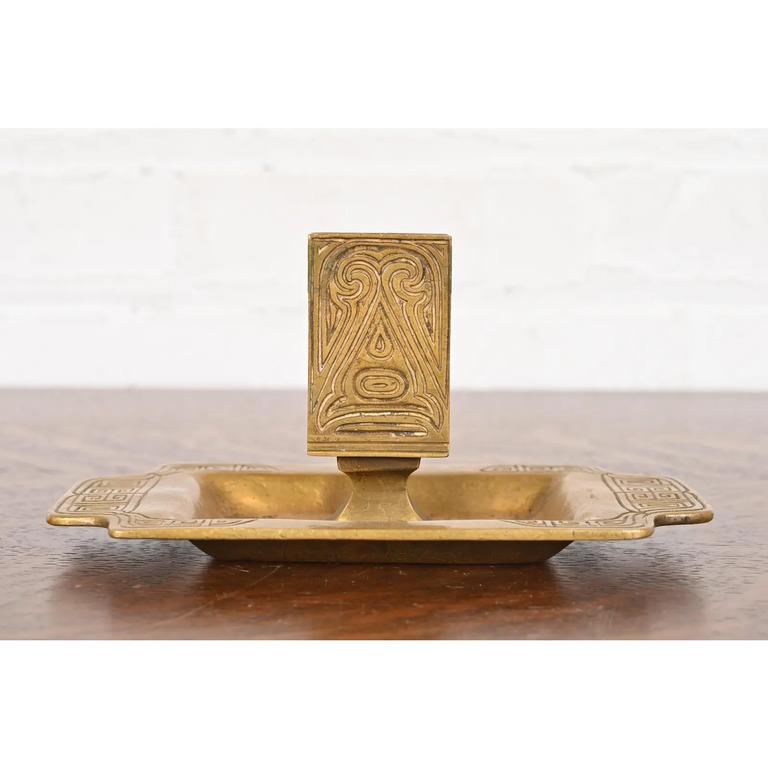 Arts and Crafts Tiffany Studios New York Chinese Pattern Bronze Doré Ashtray W/ Match Box Holder For Sale