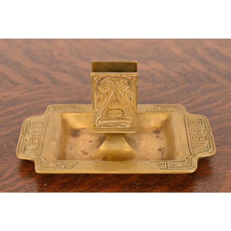 American Tiffany Studios New York Chinese Pattern Bronze Doré Ashtray W/ Match Box Holder For Sale