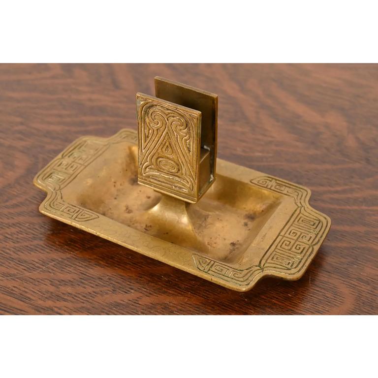 Tiffany Studios New York Chinese Pattern Bronze Doré Ashtray W/ Match Box Holder In Good Condition For Sale In South Bend, IN