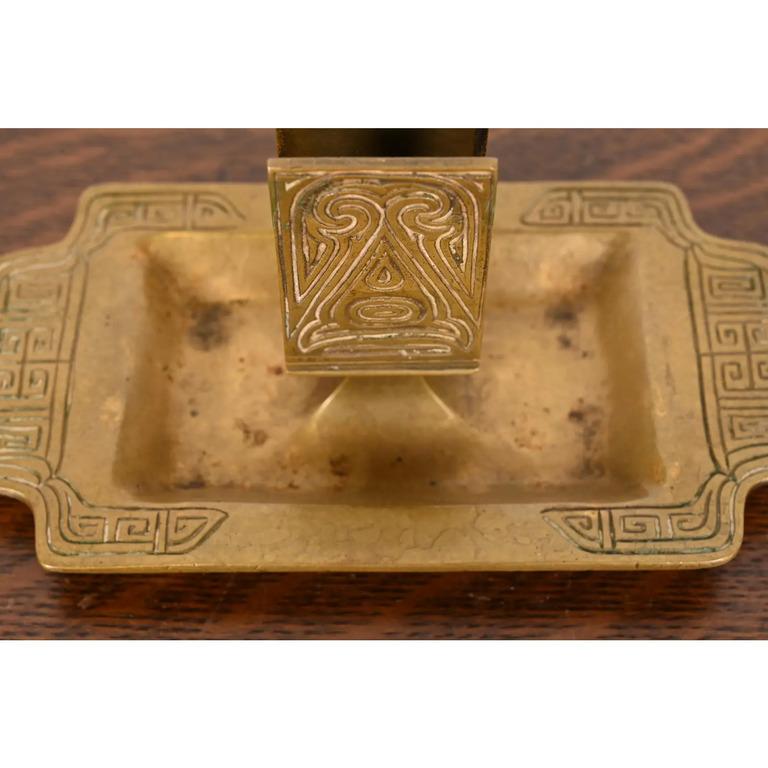 20th Century Tiffany Studios New York Chinese Pattern Bronze Doré Ashtray W/ Match Box Holder For Sale