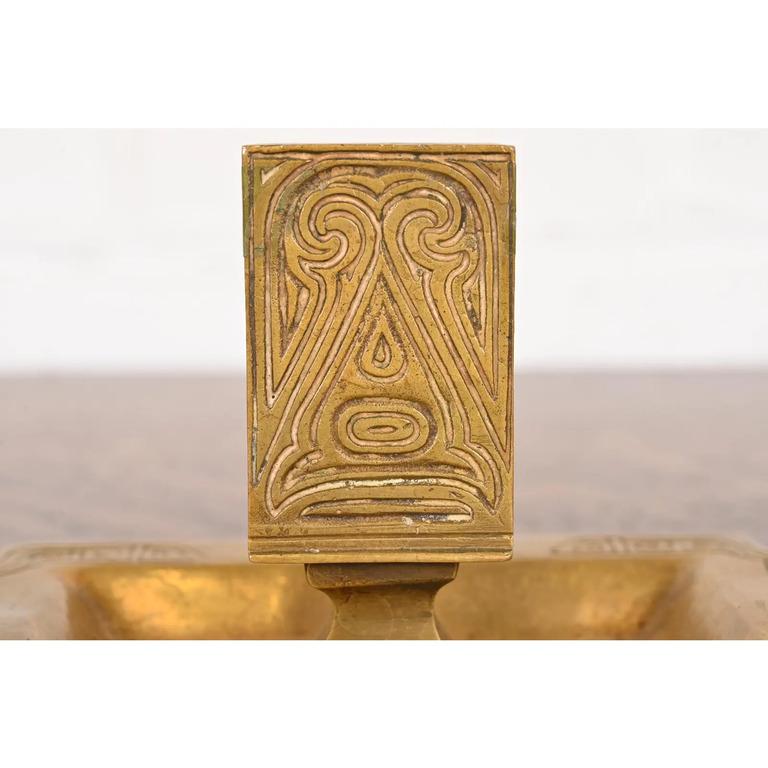 Tiffany Studios New York Chinese Pattern Bronze Doré Ashtray W/ Match Box Holder For Sale 1