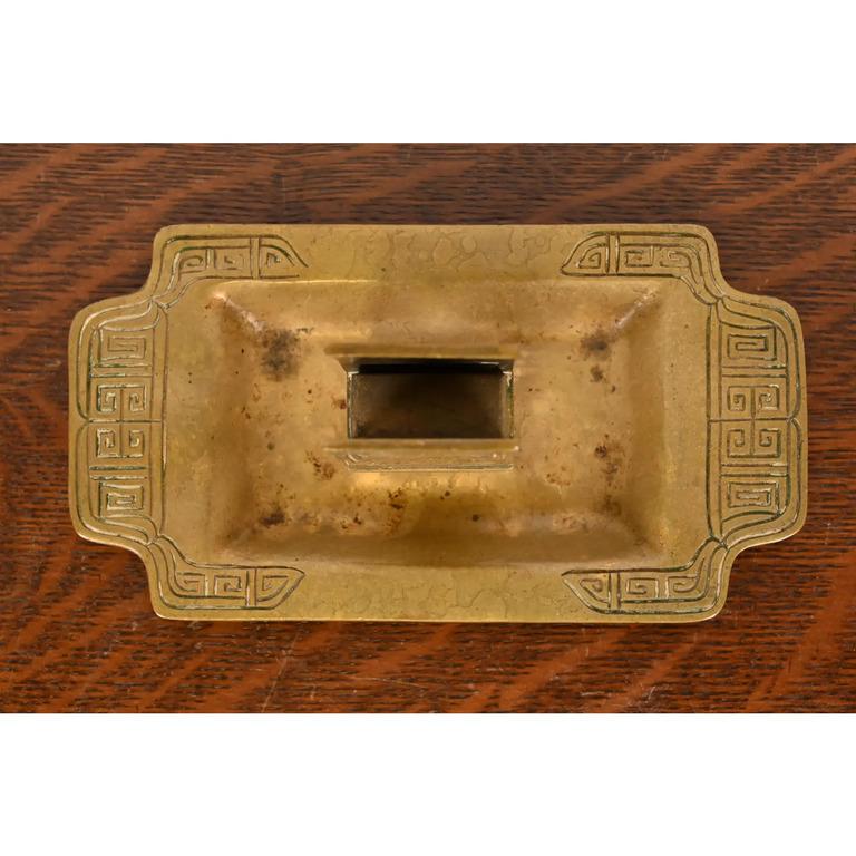 Tiffany Studios New York Chinese Pattern Bronze Doré Ashtray W/ Match Box Holder For Sale 2