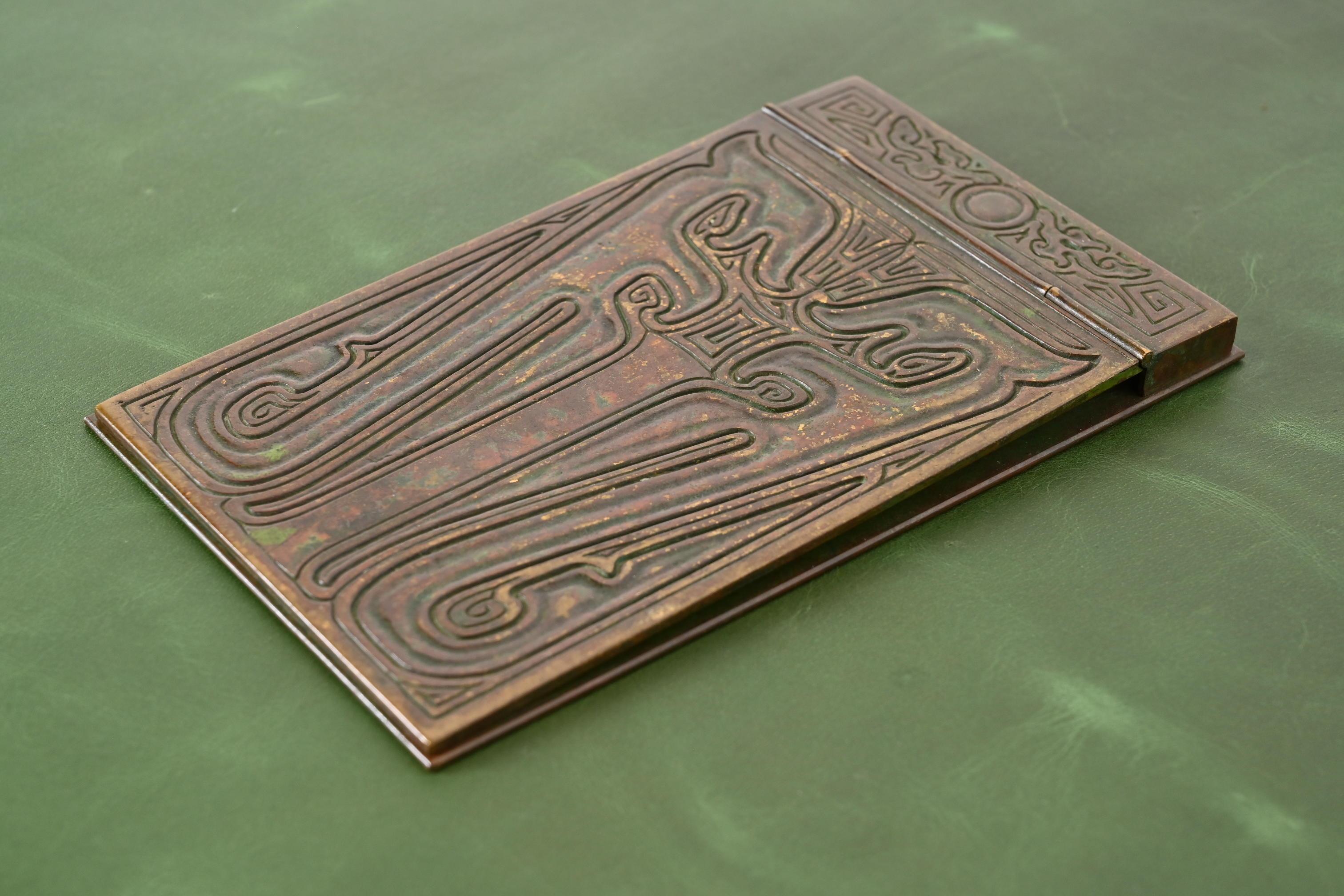 Arts and Crafts Tiffany Studios New York Chinese Pattern Bronze Notepad Holder For Sale