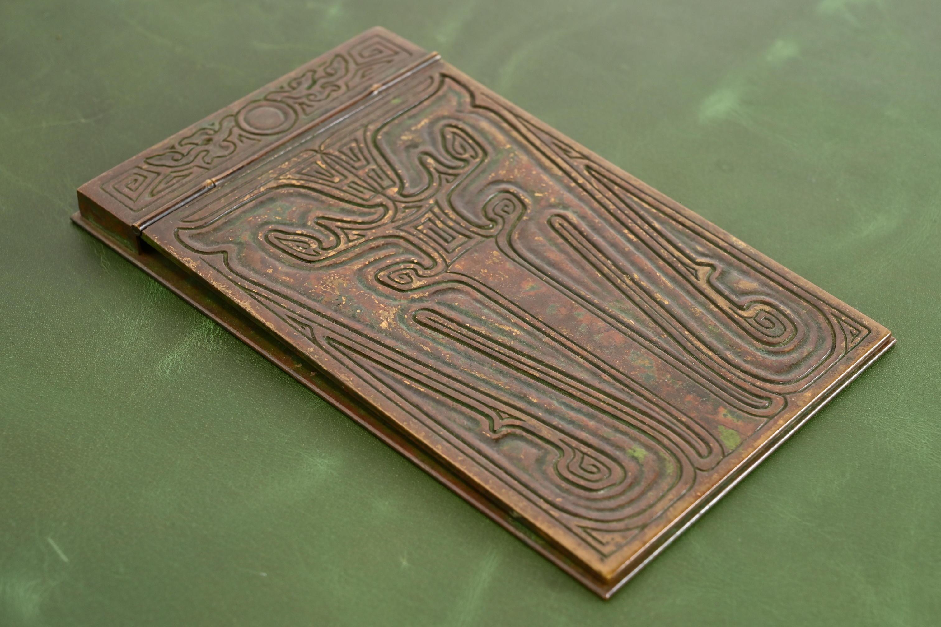 Tiffany Studios New York Chinese Pattern Bronze Notepad Holder In Good Condition For Sale In South Bend, IN
