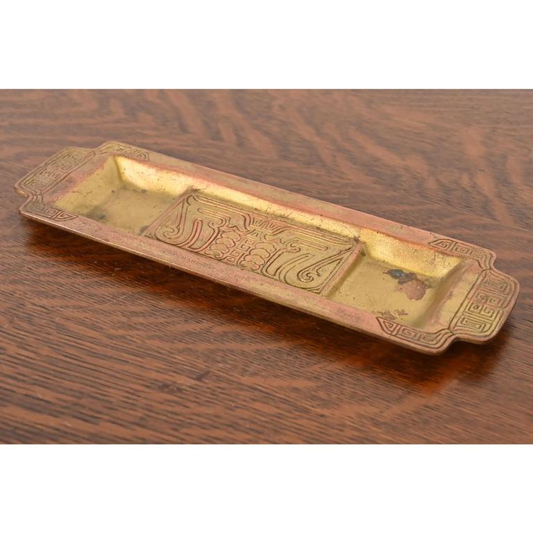 American Tiffany Studios New York Chinese Pattern Bronze Pen Tray For Sale