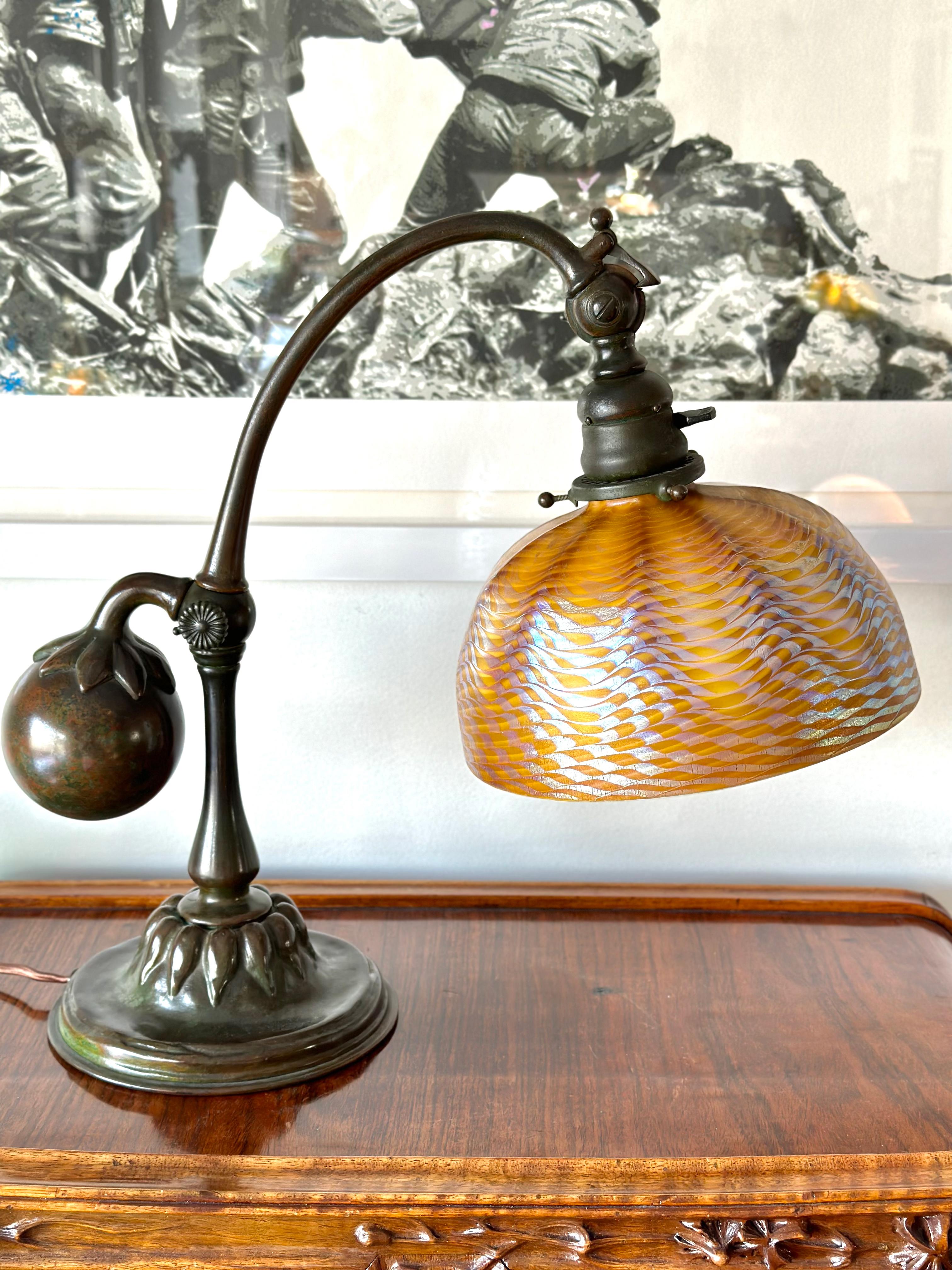 Art Nouveau Tiffany Studios New York Counter Balance Damascene Bronze and Favrile Desk Lamp
