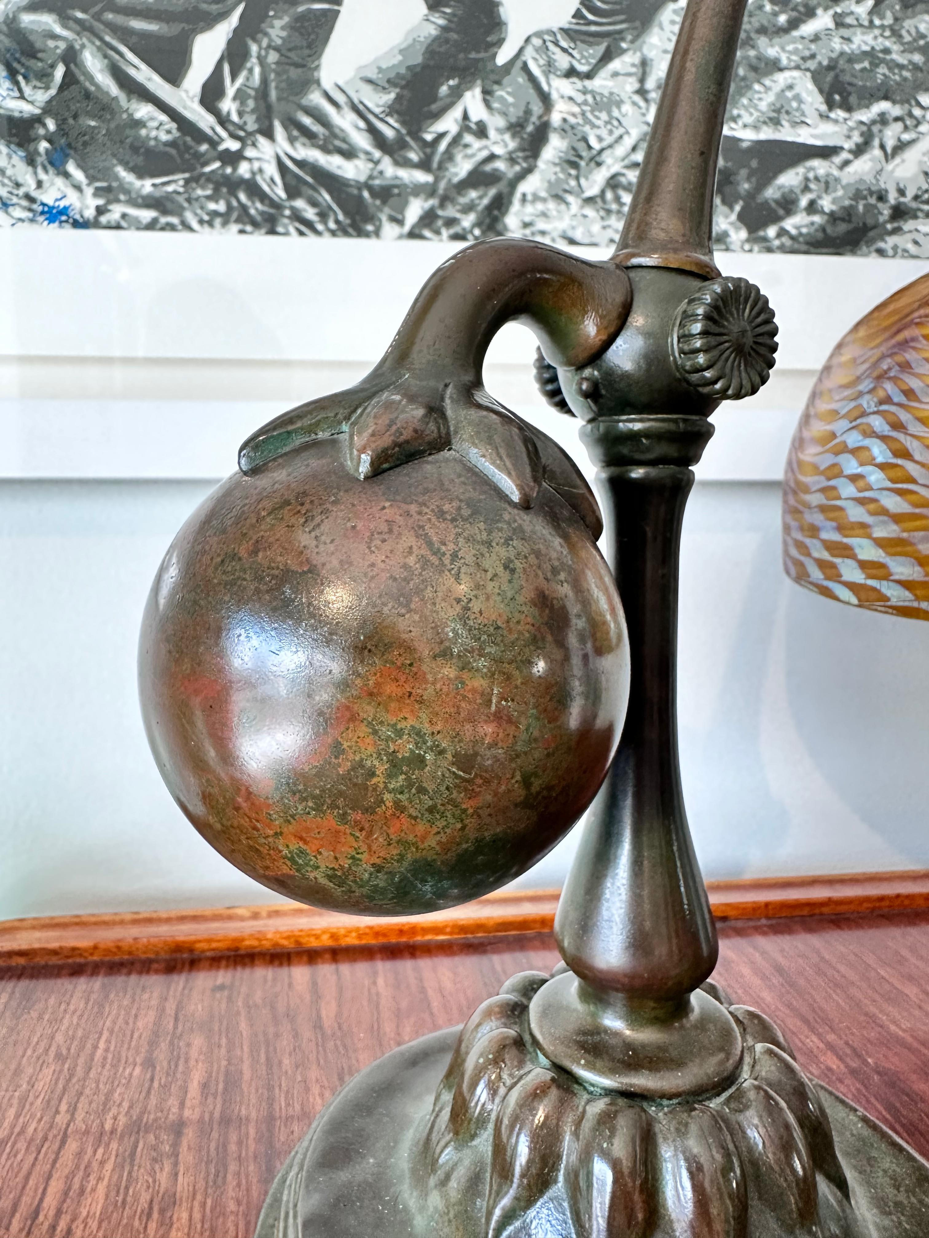 Hand-Crafted Tiffany Studios New York Counter Balance Damascene Bronze and Favrile Desk Lamp