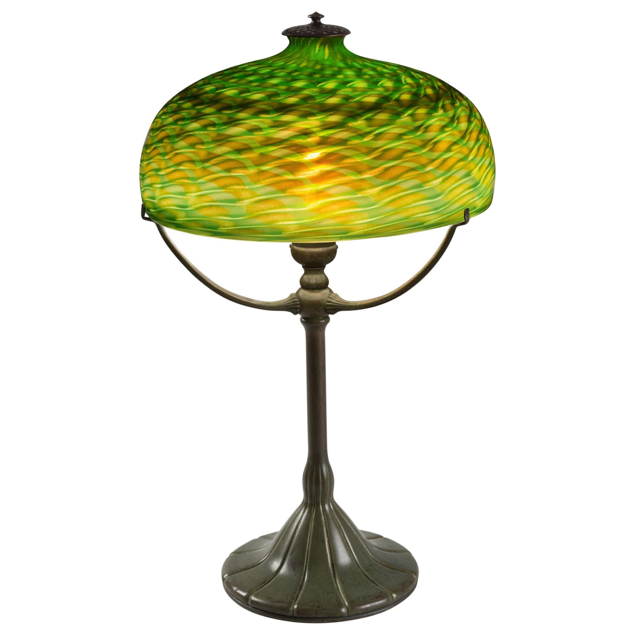 Tiffany Studios New York "Damascene" Glass Three-Arm Table Lamp