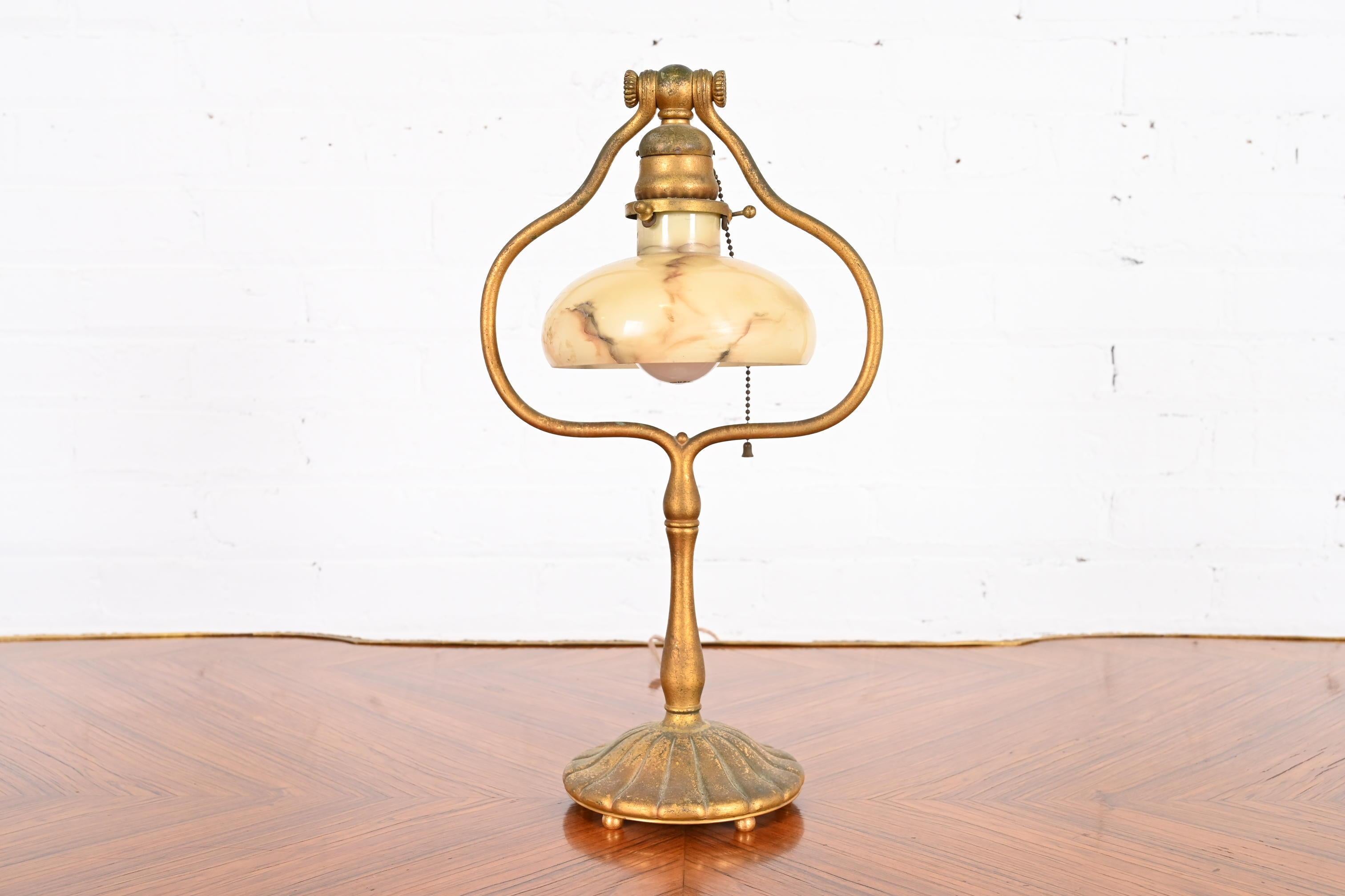 American Tiffany Studios New York Gilt Bronze Harp Desk Lamp, circa 1910 For Sale