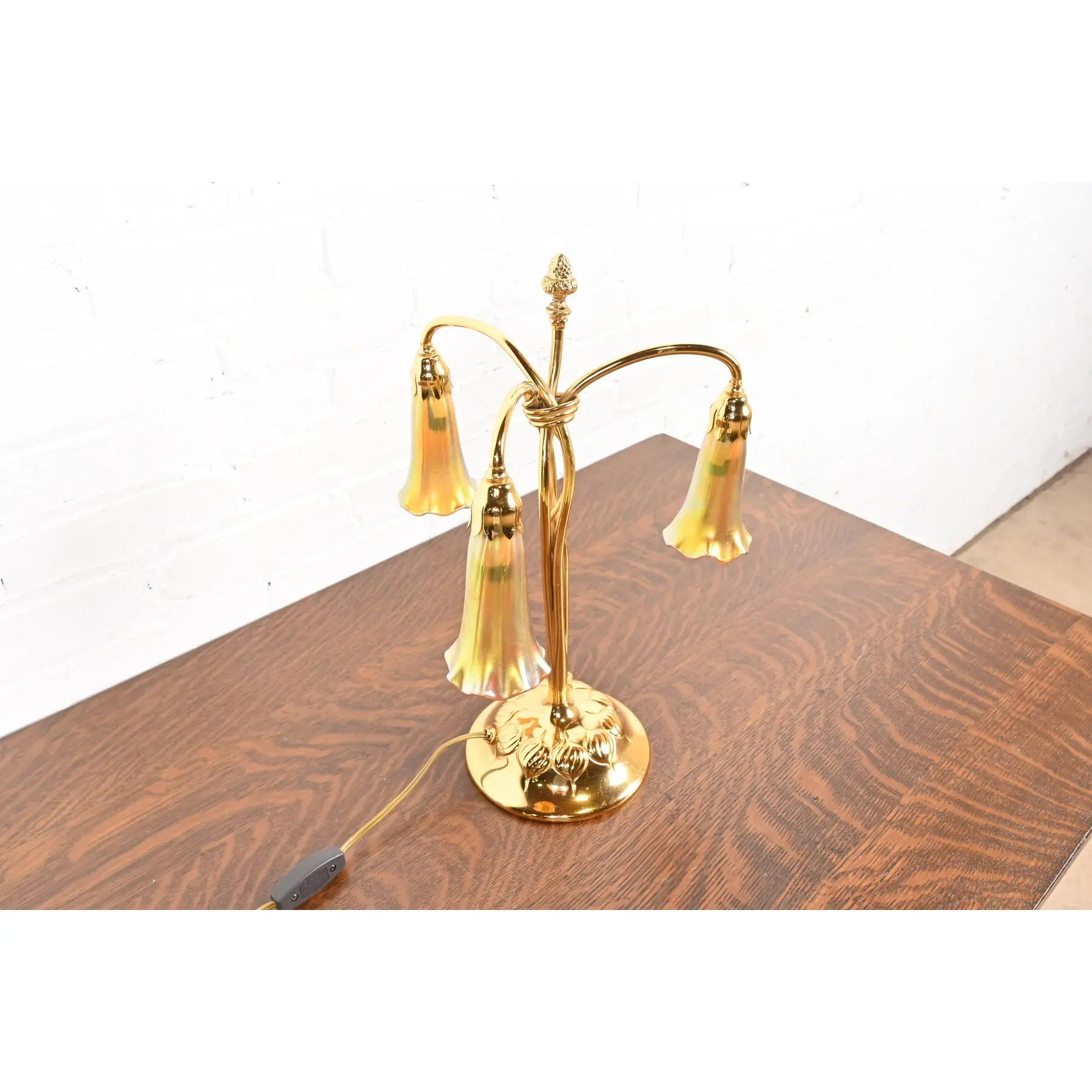 Art Deco Tiffany Studios New York Gilt Bronze Three-Light Lily Table Lamp For Sale