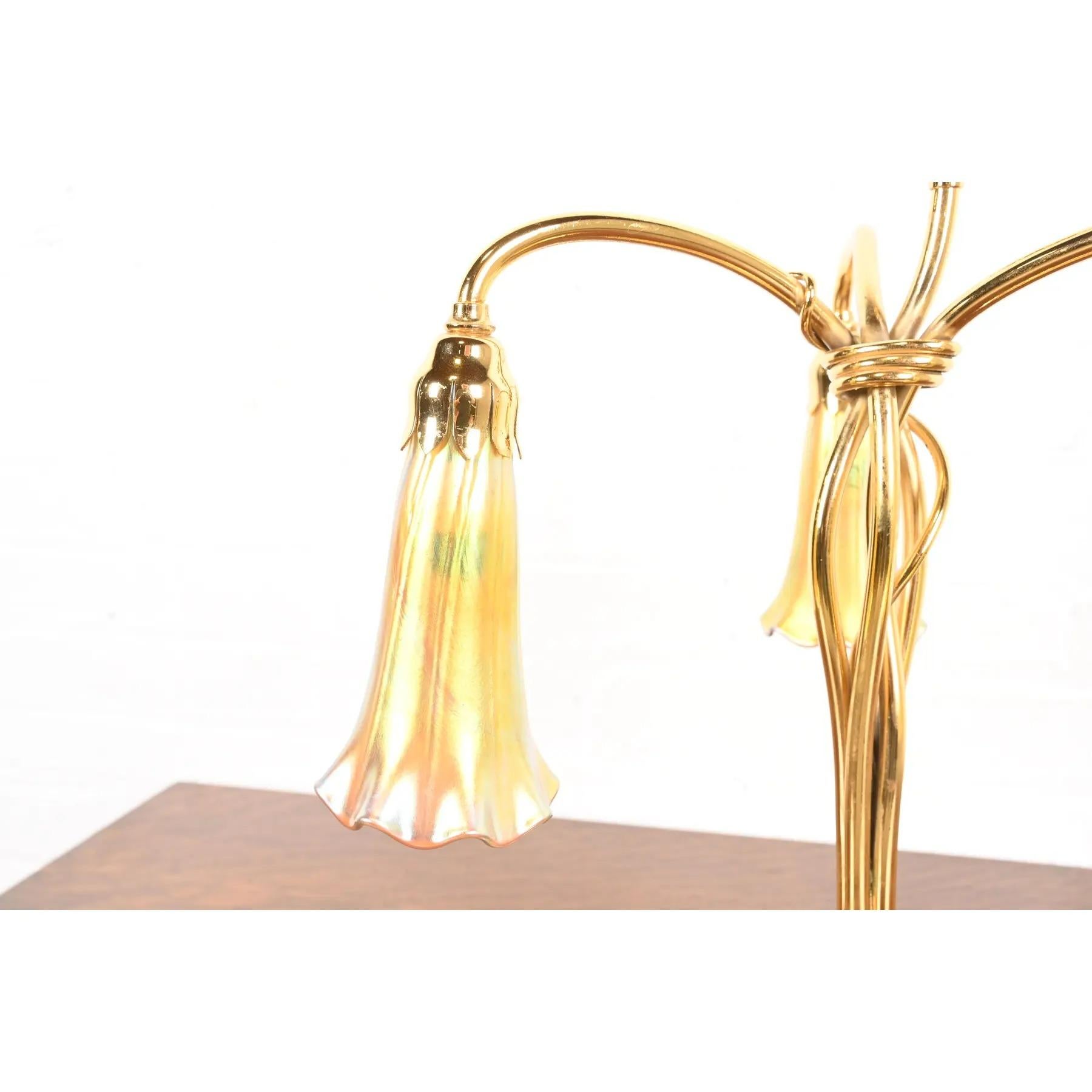 Tiffany Studios New York Gilt Bronze Three-Light Lily Table Lamp For Sale 2