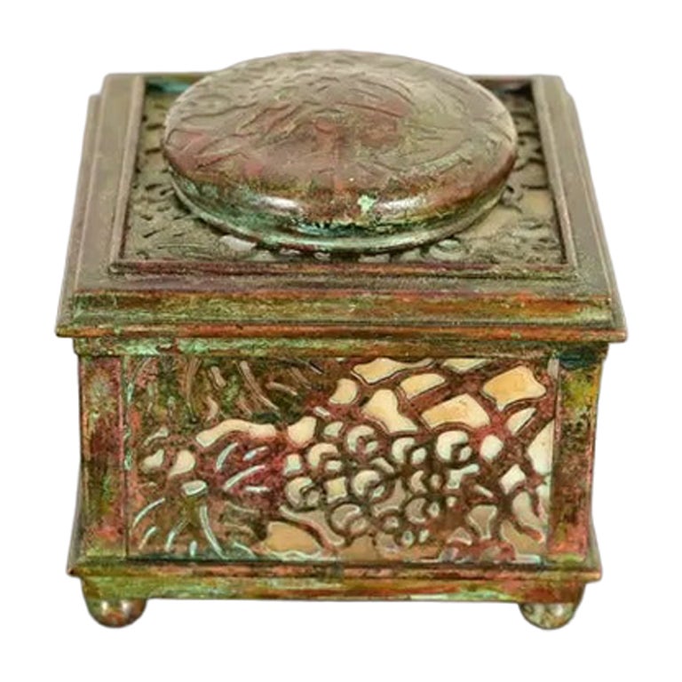Tiffany Studios New York Grapevine Bronze and Favrile Slag Glass Inkwell