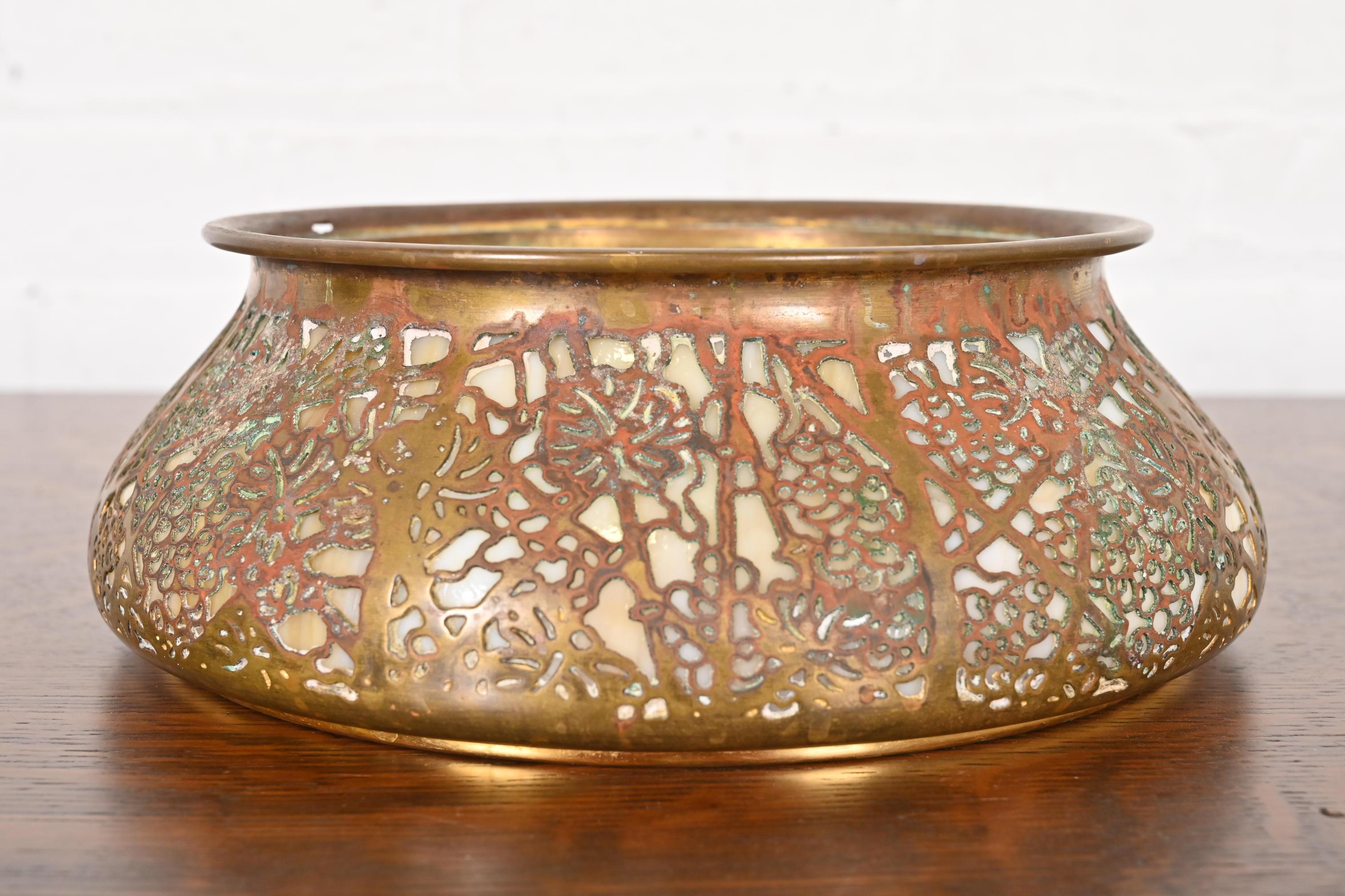 A rare and gorgeous antique Arts & Crafts or Art Deco period bronze and Favrile slag glass 