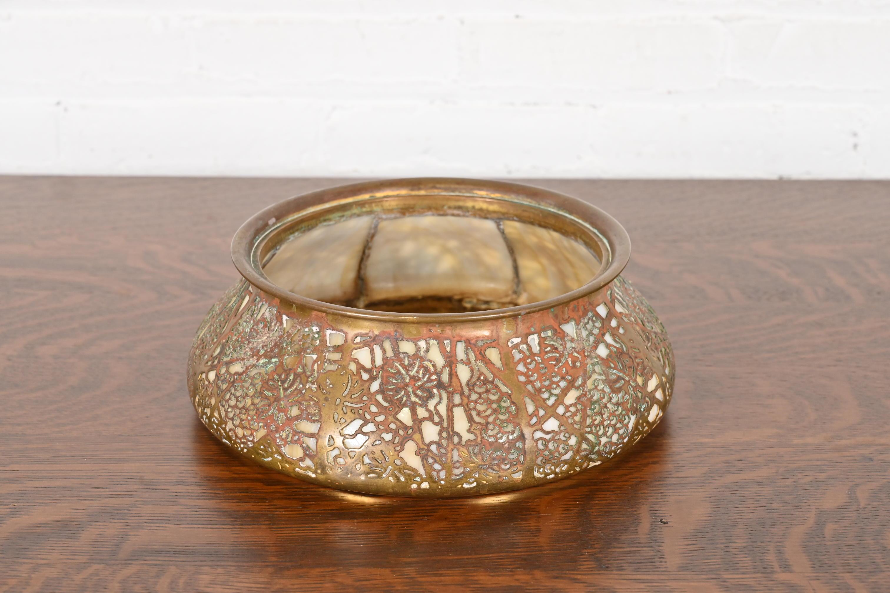 Arts and Crafts Tiffany Studios New York Grapevine Bronze and Favrile Slag Glass Jardiniere