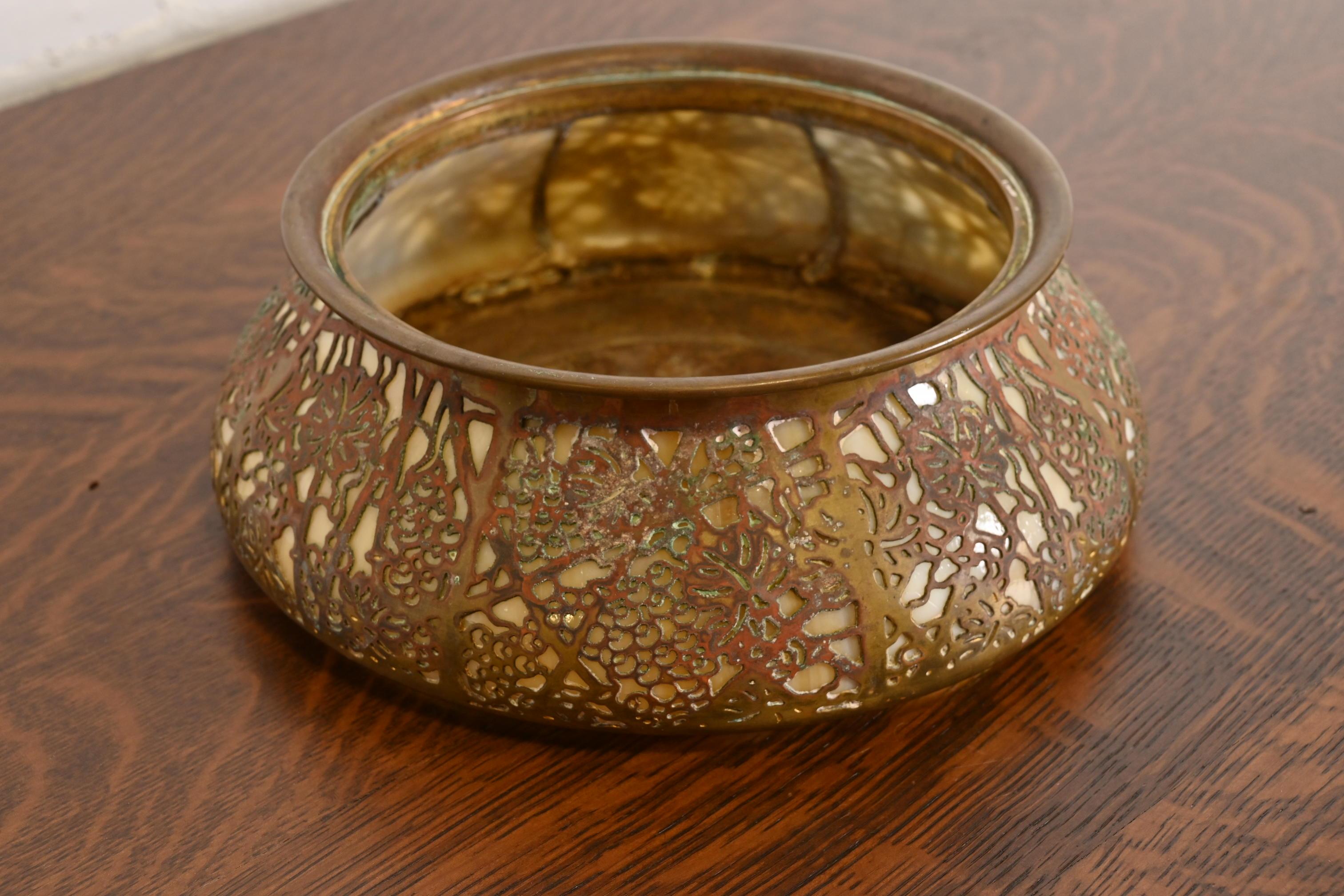 American Tiffany Studios New York Grapevine Bronze and Favrile Slag Glass Jardiniere