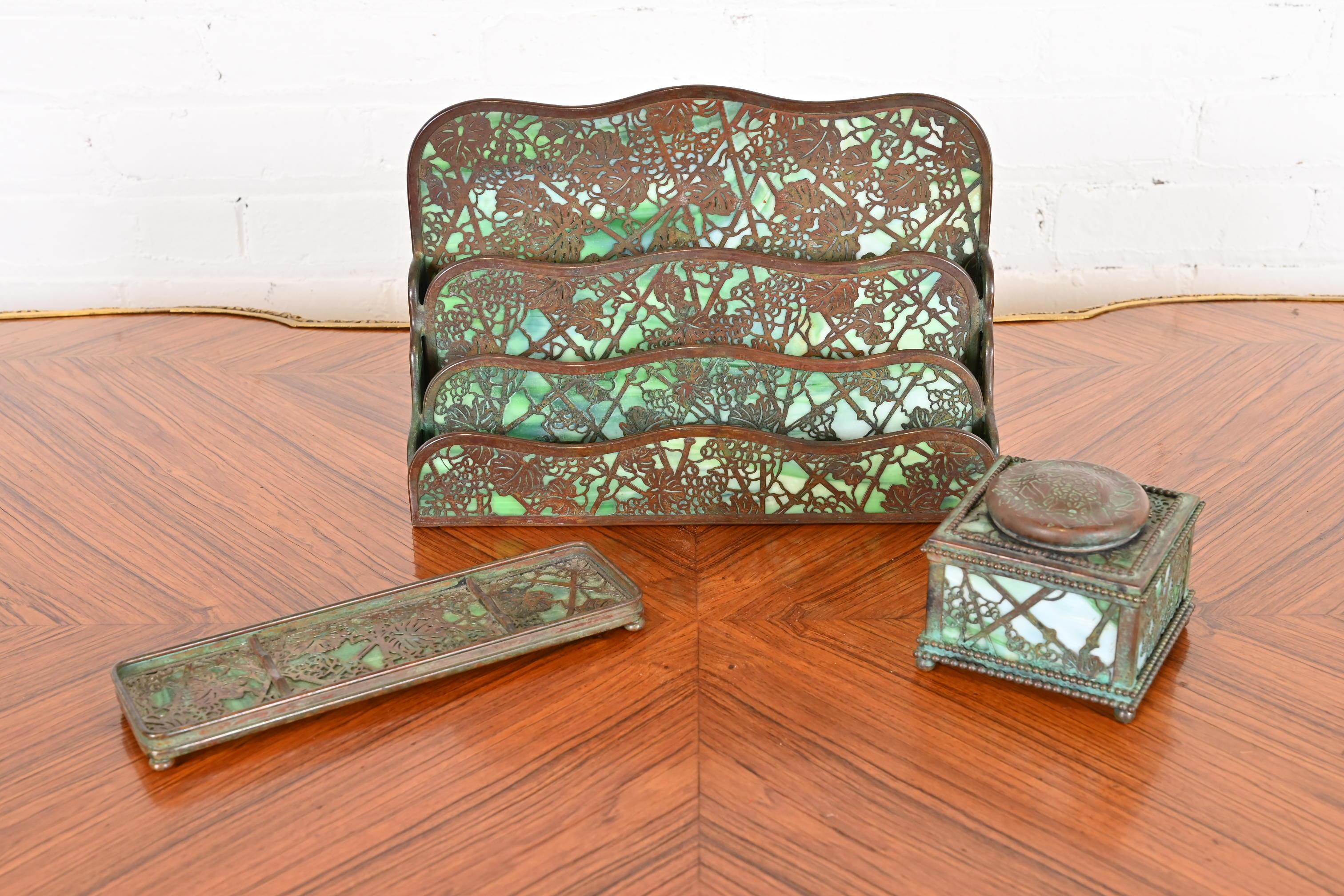 American Tiffany Studios New York Grapevine Bronze and Slag Glass Desk Set, circa 1910