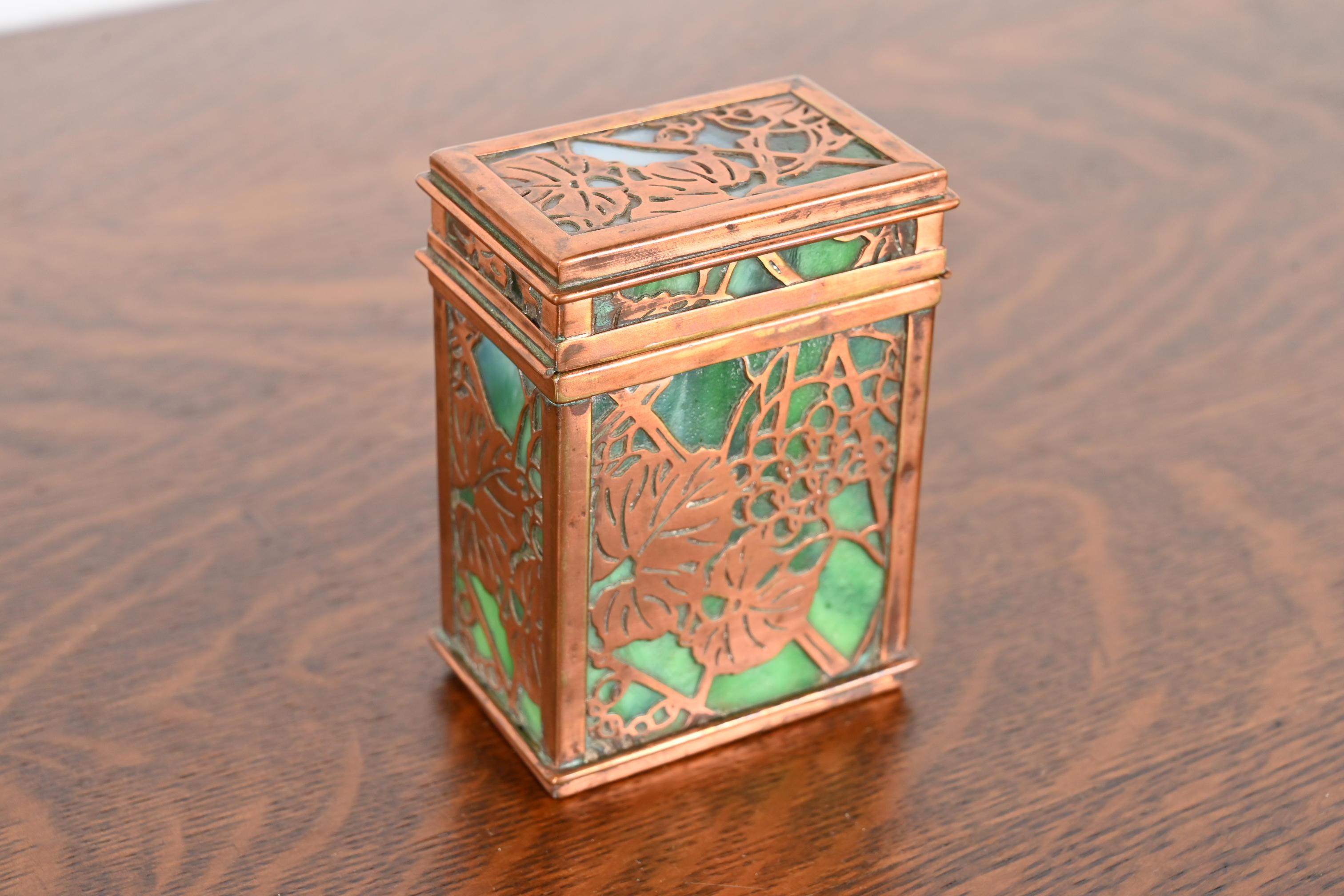 Arts and Crafts Tiffany Studios New York Grapevine Bronze and Slag Glass Double Card Box