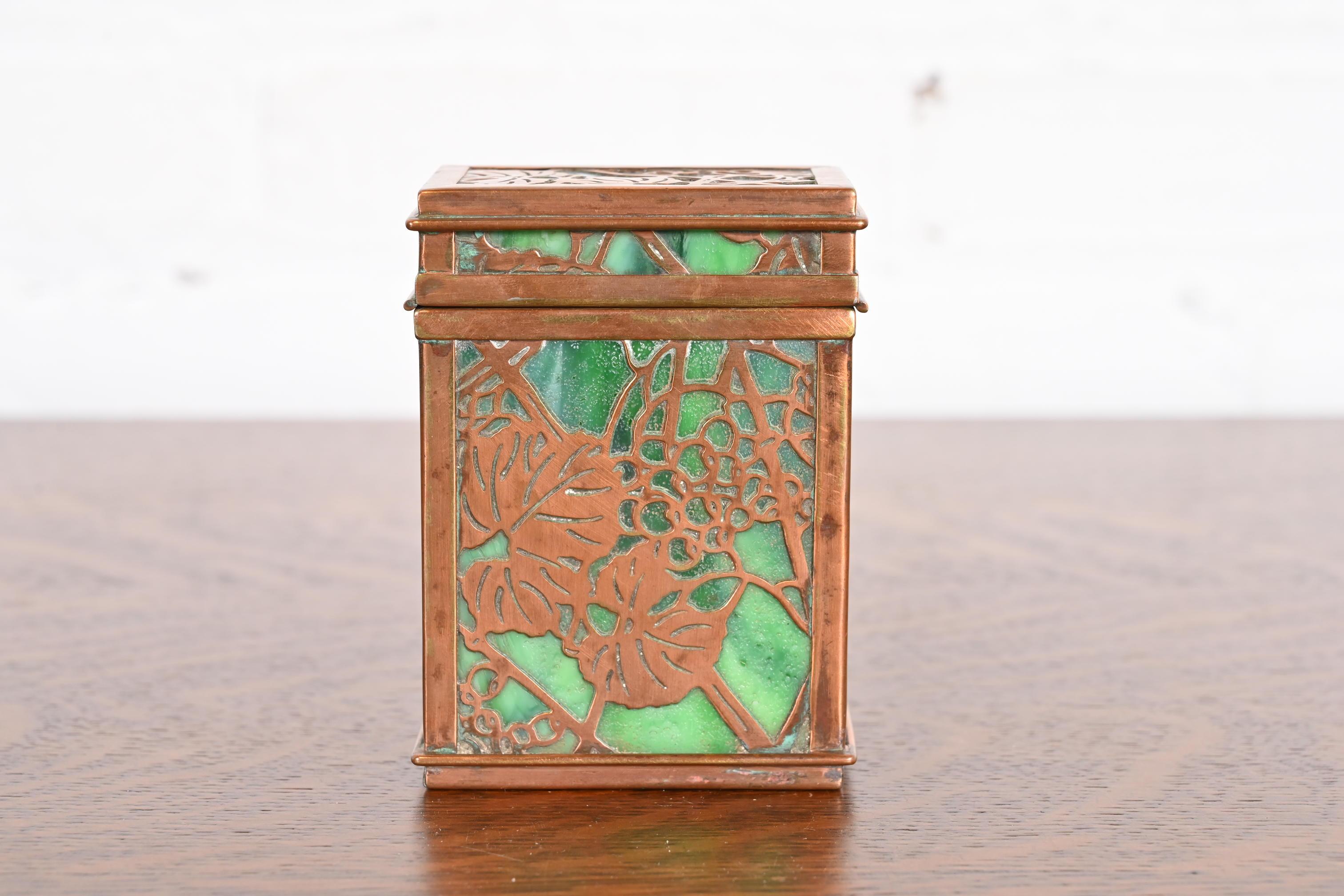 American Tiffany Studios New York Grapevine Bronze and Slag Glass Double Card Box