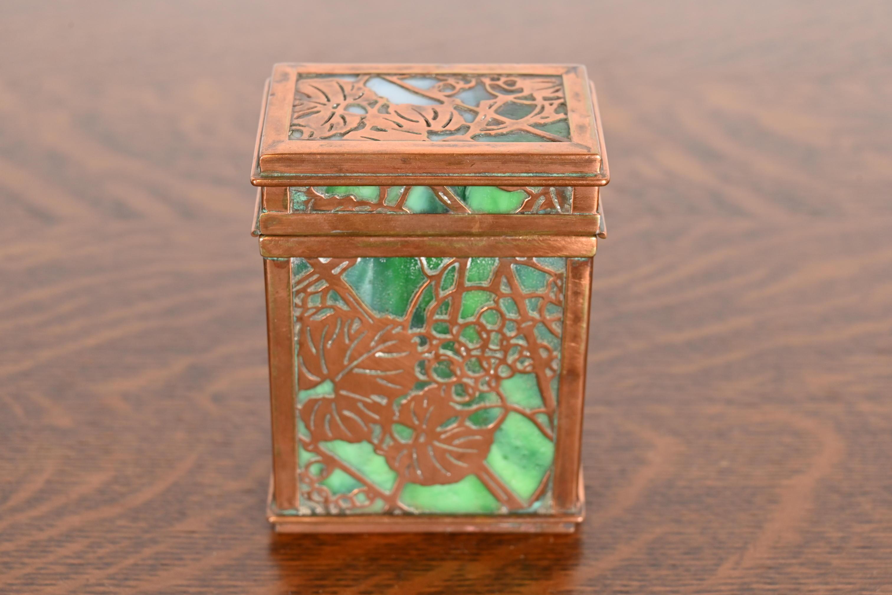 Tiffany Studios New York Grapevine Bronze and Slag Glass Double Card Box In Good Condition In South Bend, IN