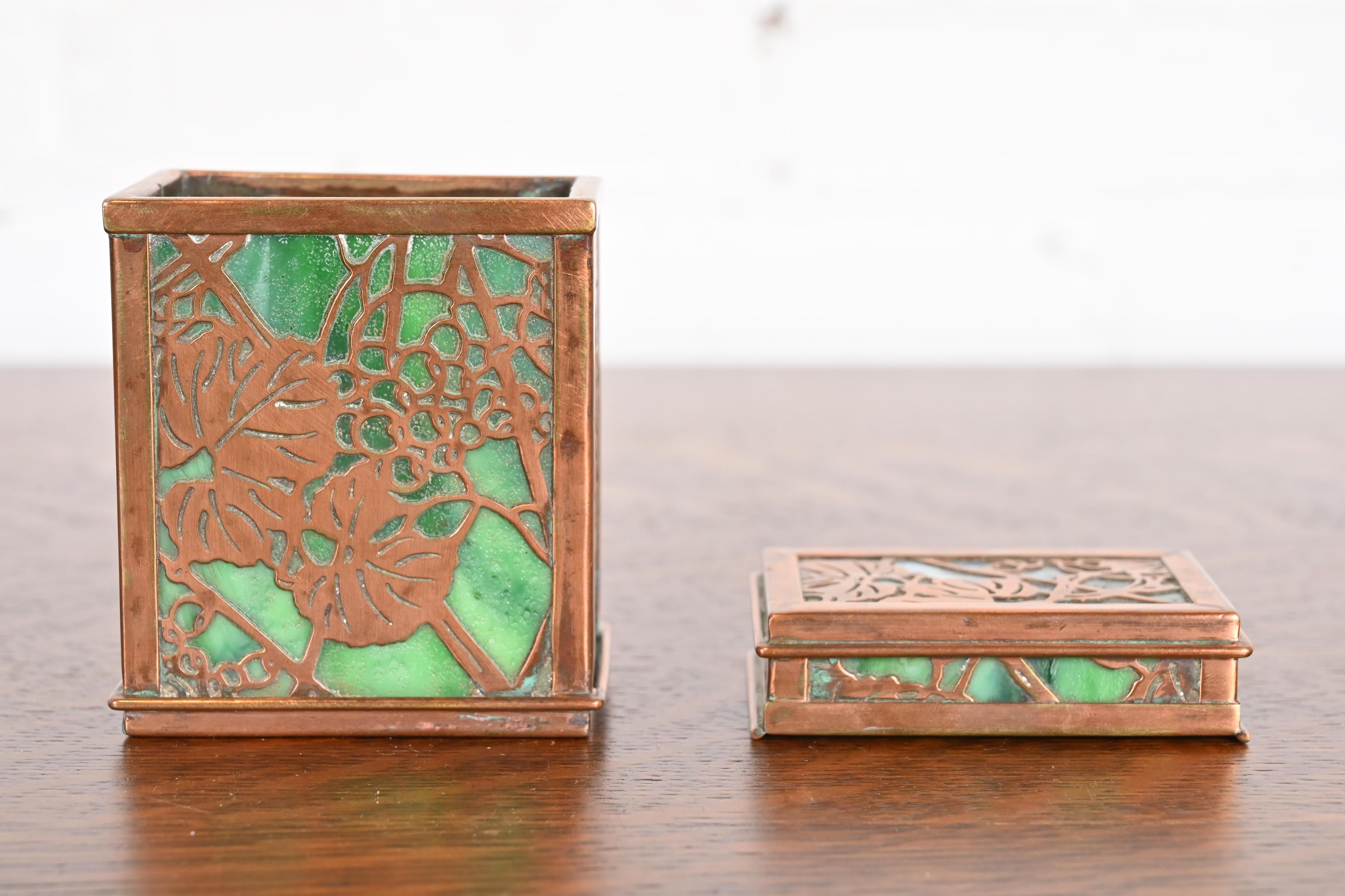 Tiffany Studios New York Grapevine Bronze and Slag Glass Double Card Box 2