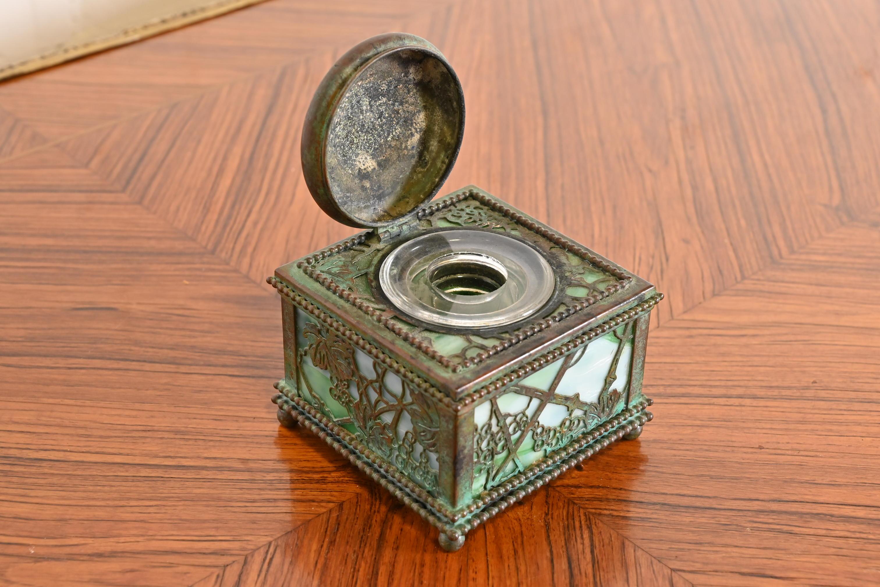 Tiffany Studios New York Grapevine Bronze and Slag Glass Inkwell 3