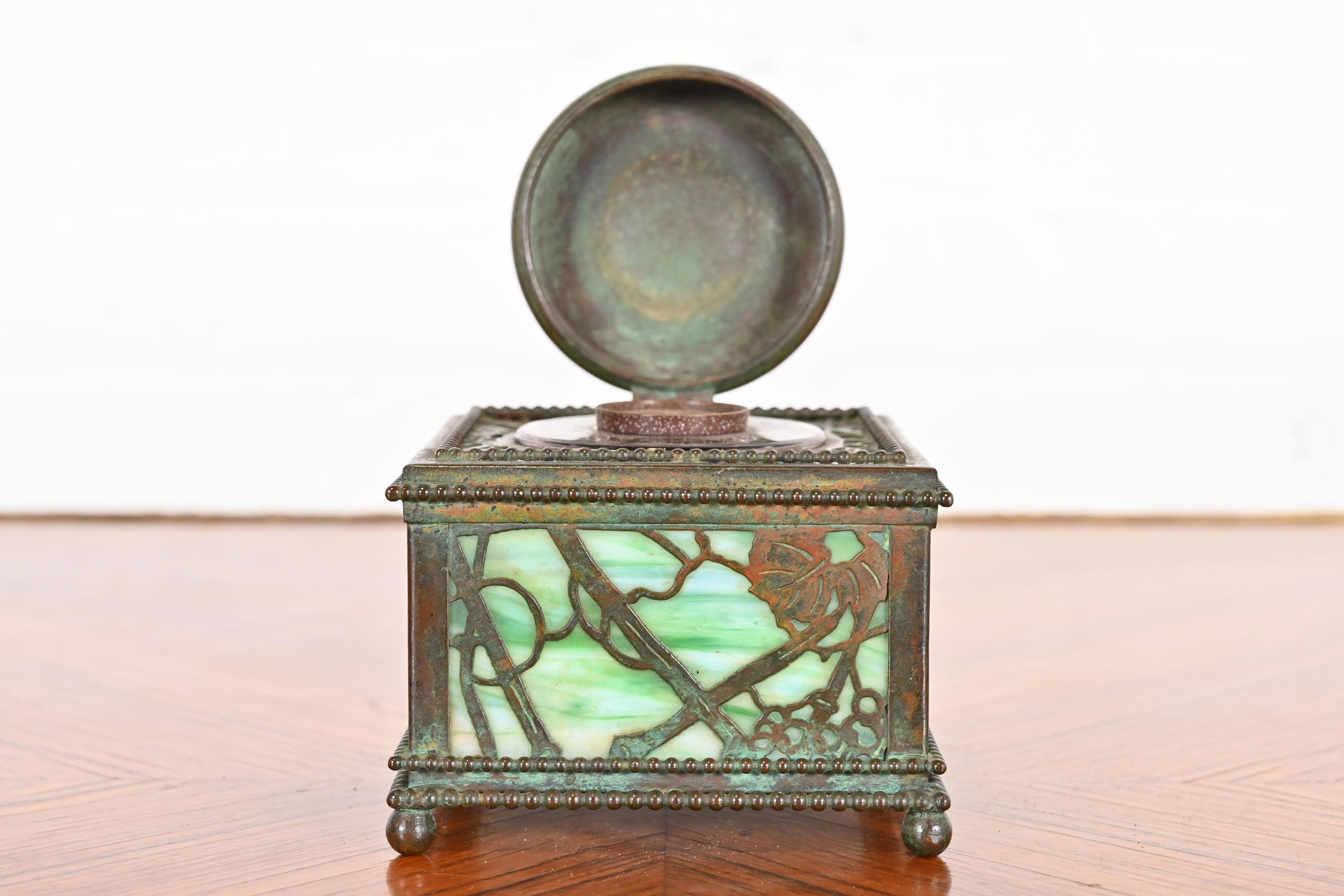 Tiffany Studios New York Grapevine Bronze and Slag Glass Inkwell 4