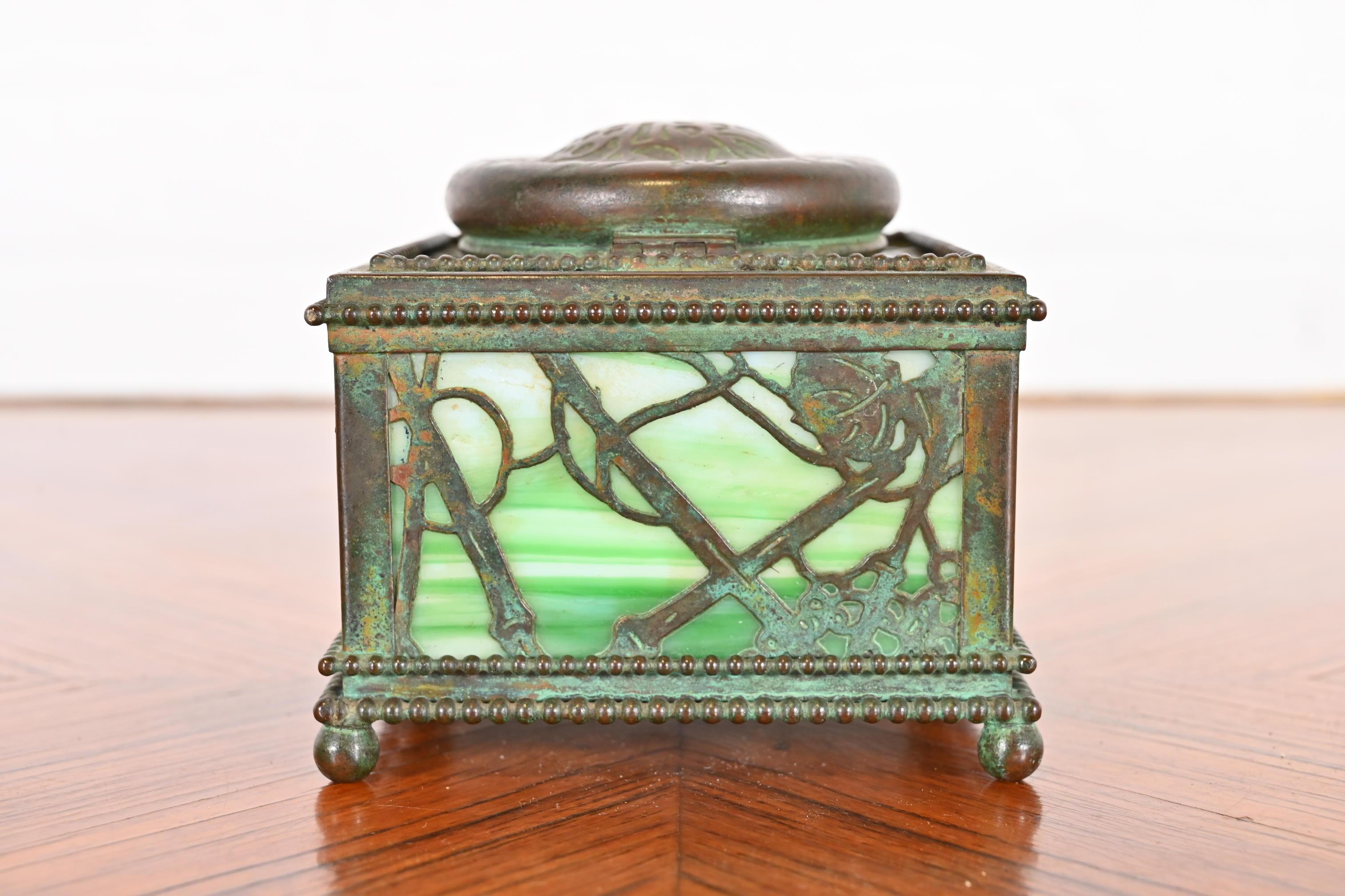 Tiffany Studios New York Grapevine Bronze and Slag Glass Inkwell 8