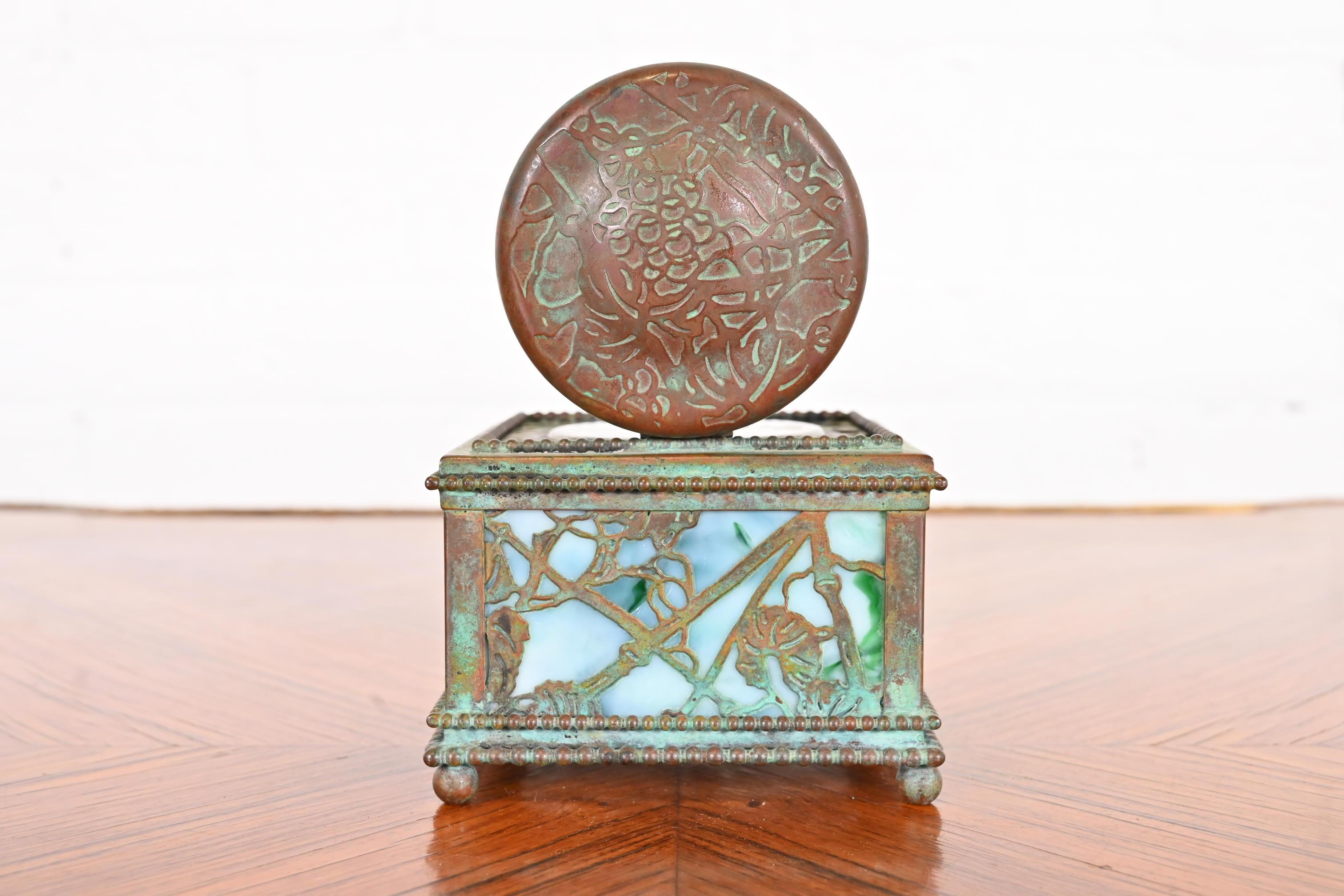 Tiffany Studios New York Grapevine Bronze and Slag Glass Inkwell 8