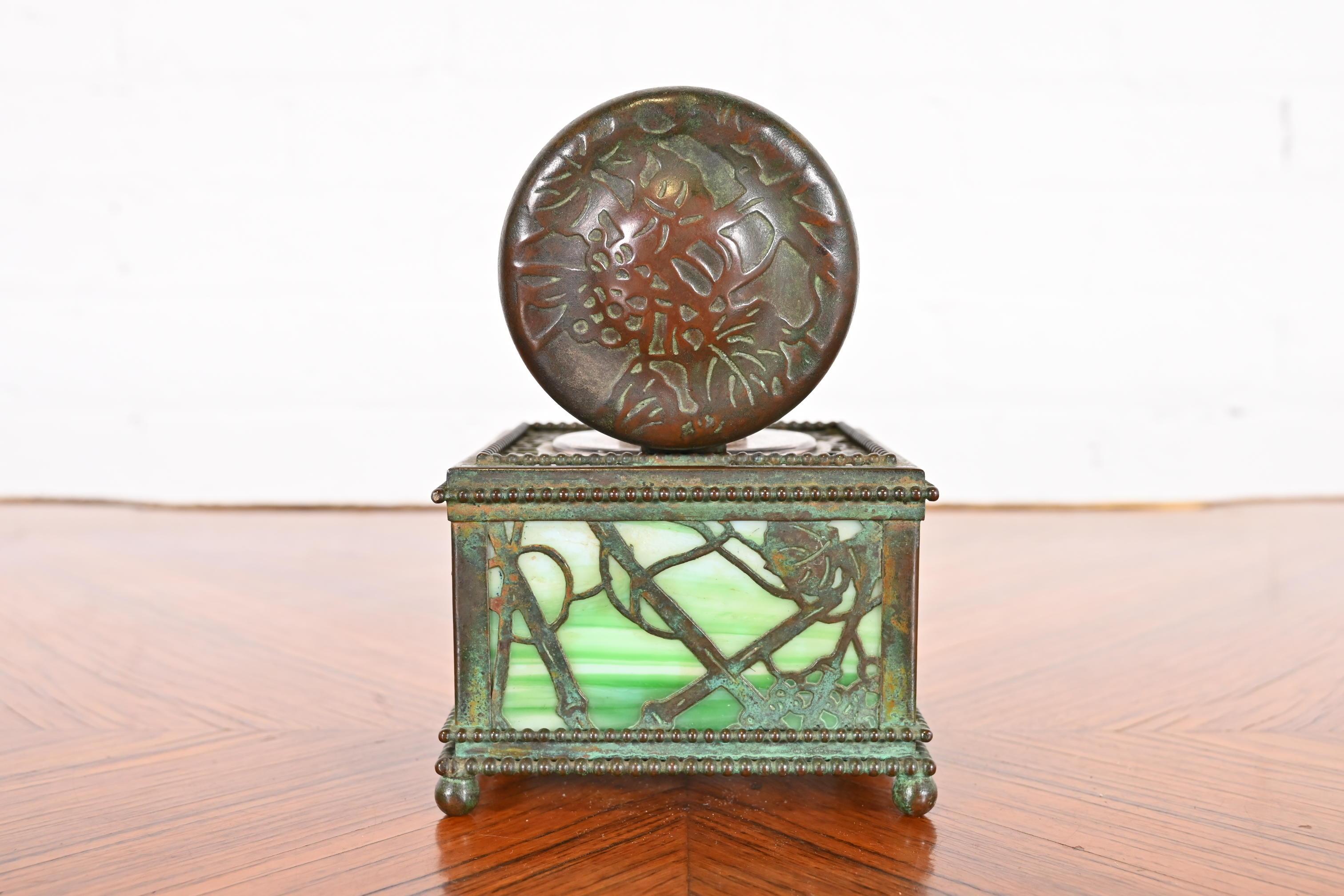 Tiffany Studios New York Grapevine Bronze and Slag Glass Inkwell 9
