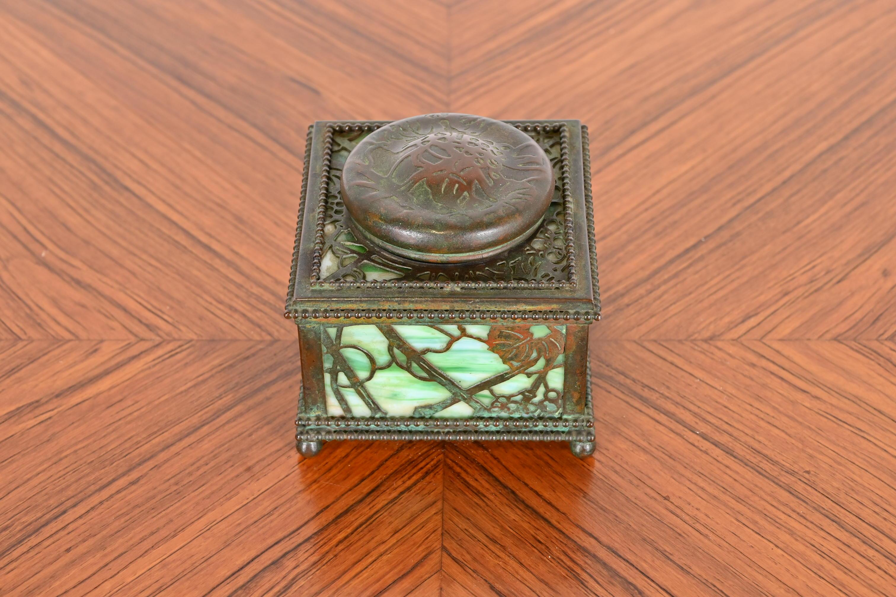 Arts and Crafts Tiffany Studios New York Grapevine Bronze and Slag Glass Inkwell