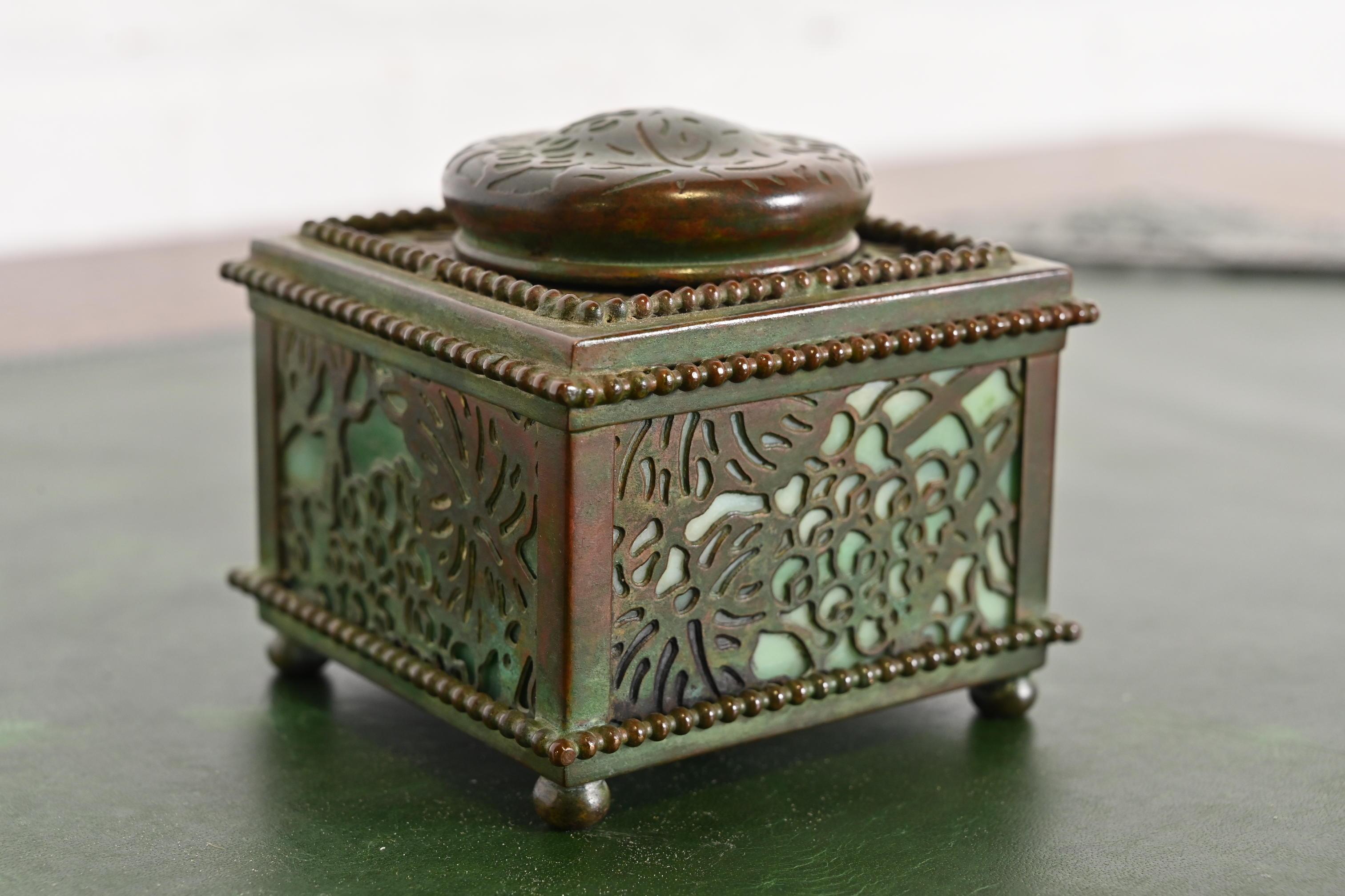 Arts and Crafts Tiffany Studios New York Grapevine Bronze and Slag Glass Inkwell For Sale
