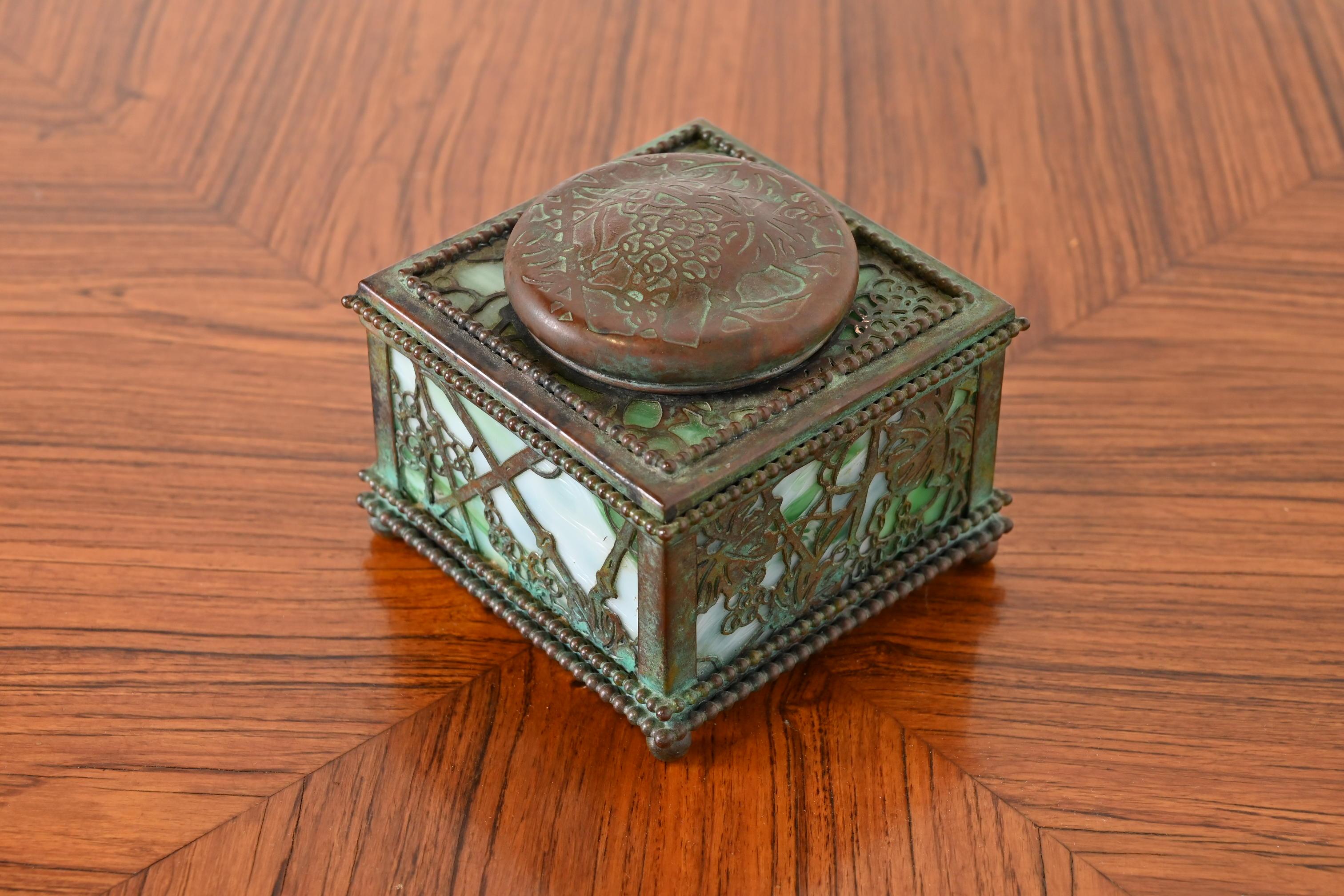 Art Nouveau Tiffany Studios New York Grapevine Bronze and Slag Glass Inkwell