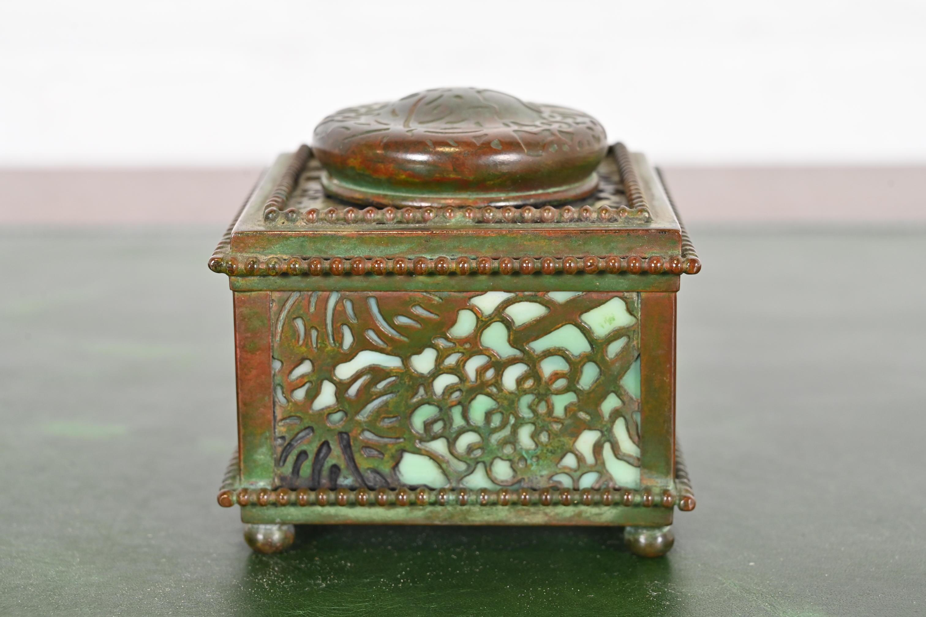 American Tiffany Studios New York Grapevine Bronze and Slag Glass Inkwell For Sale