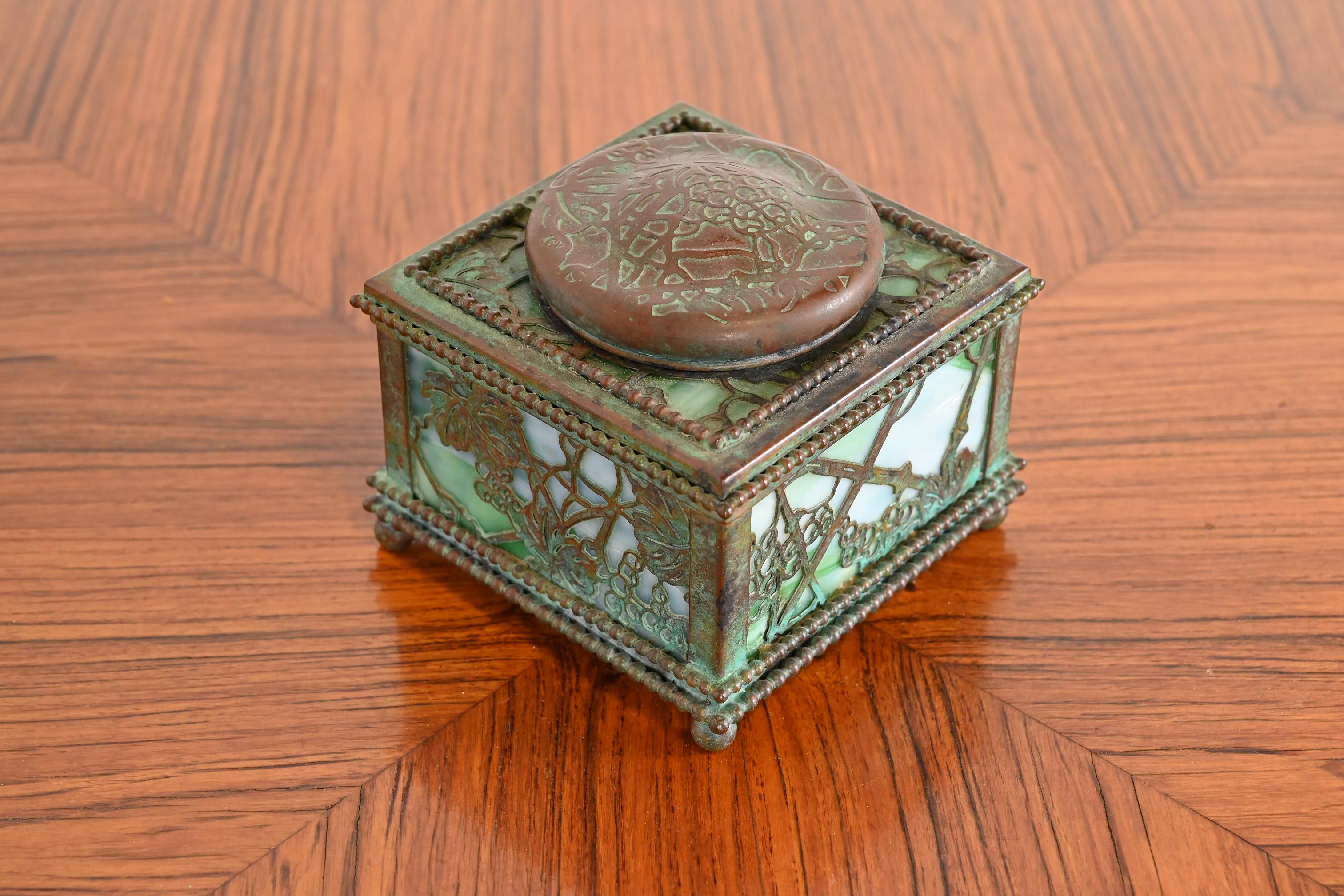 American Tiffany Studios New York Grapevine Bronze and Slag Glass Inkwell