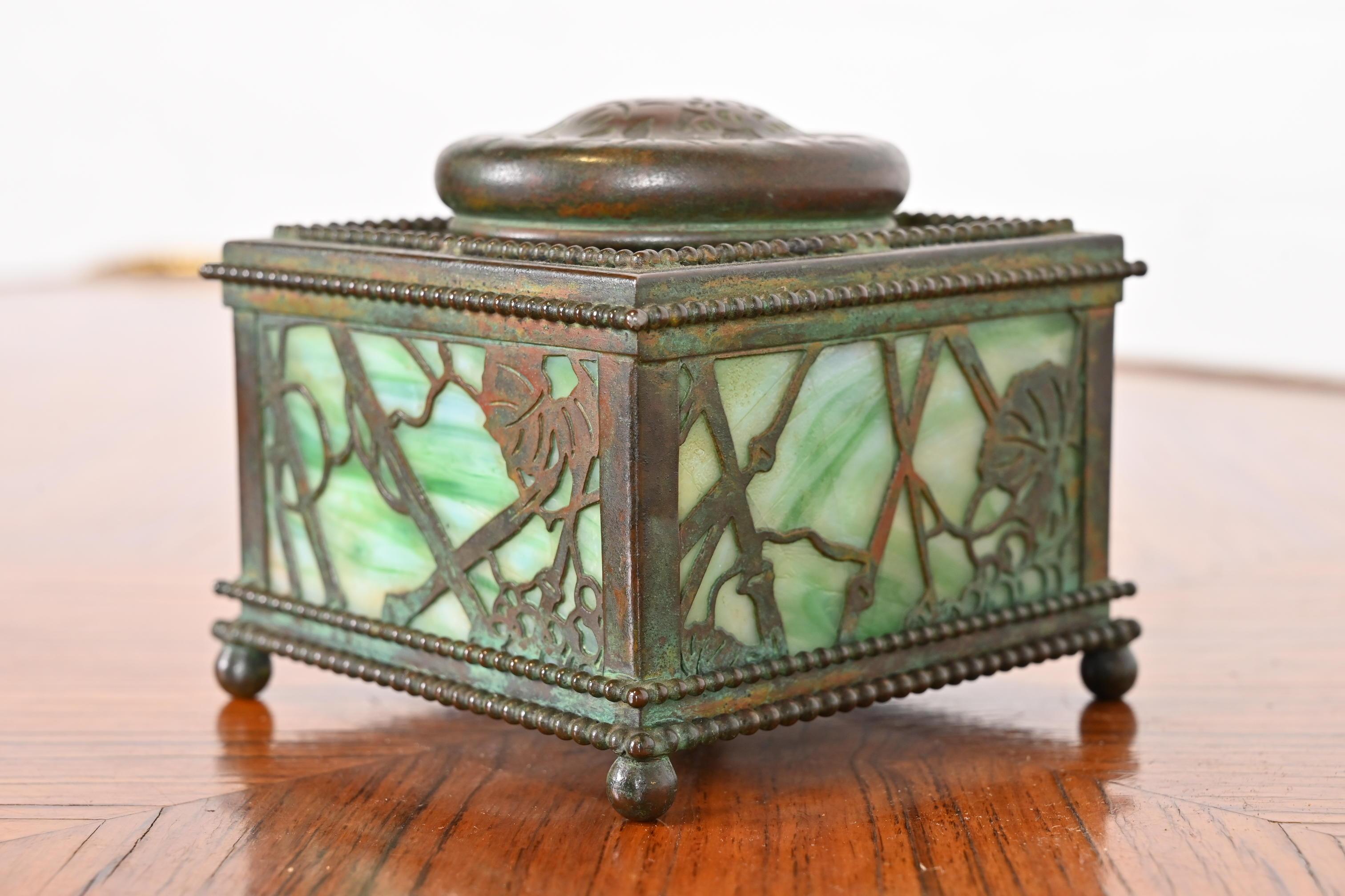 Tiffany Studios New York Grapevine Bronze and Slag Glass Inkwell In Good Condition In South Bend, IN