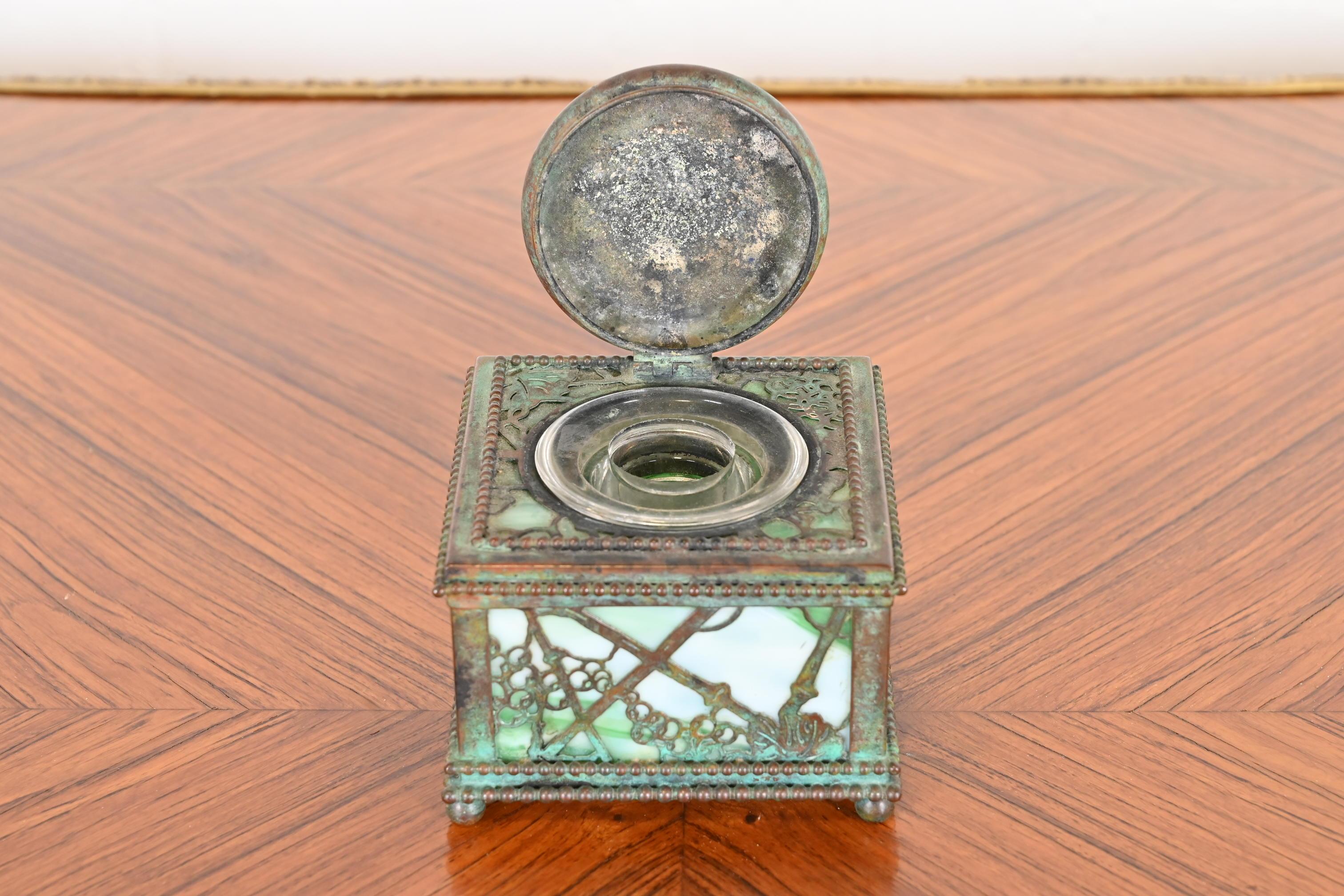 20th Century Tiffany Studios New York Grapevine Bronze and Slag Glass Inkwell