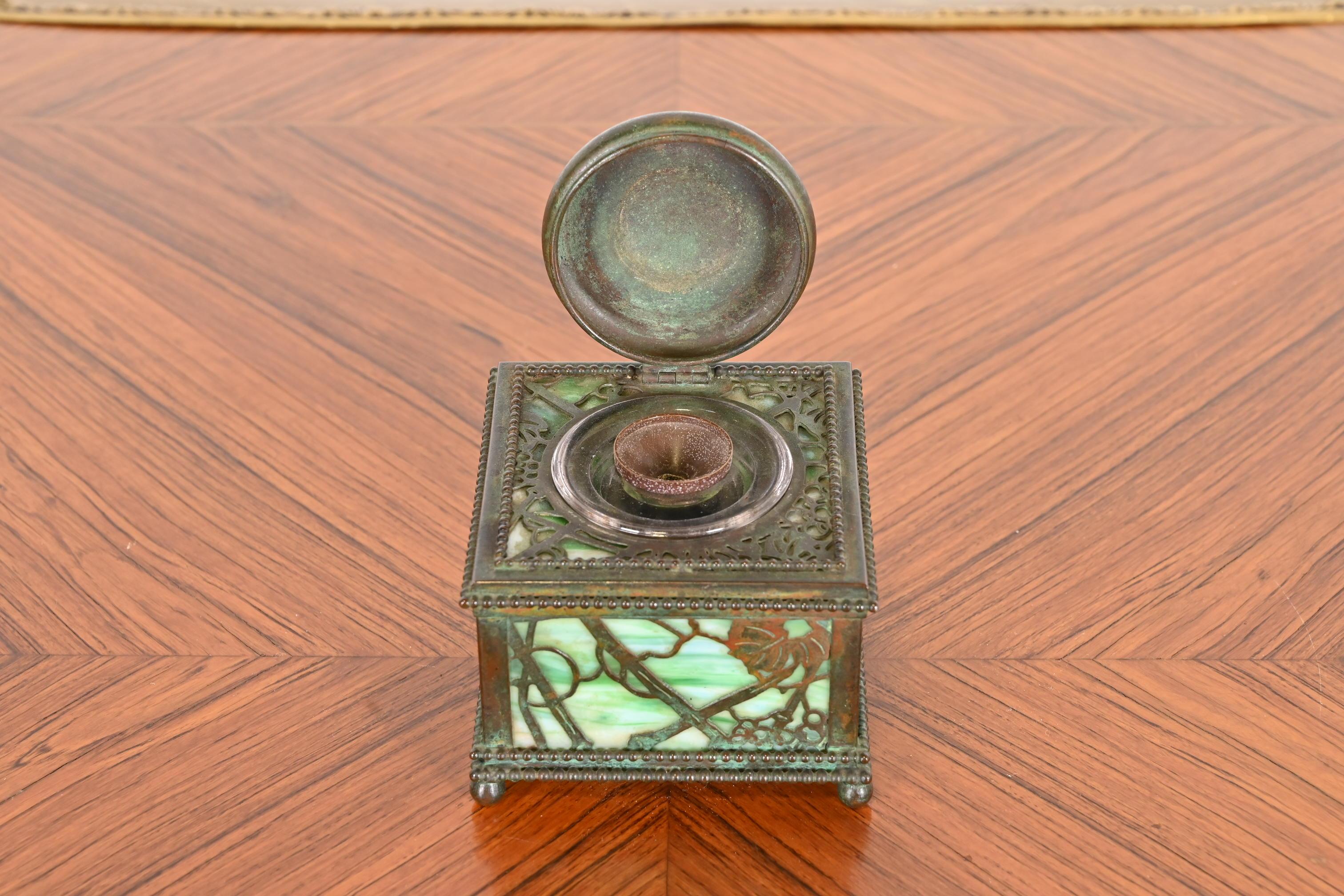 Tiffany Studios New York Grapevine Bronze and Slag Glass Inkwell 3