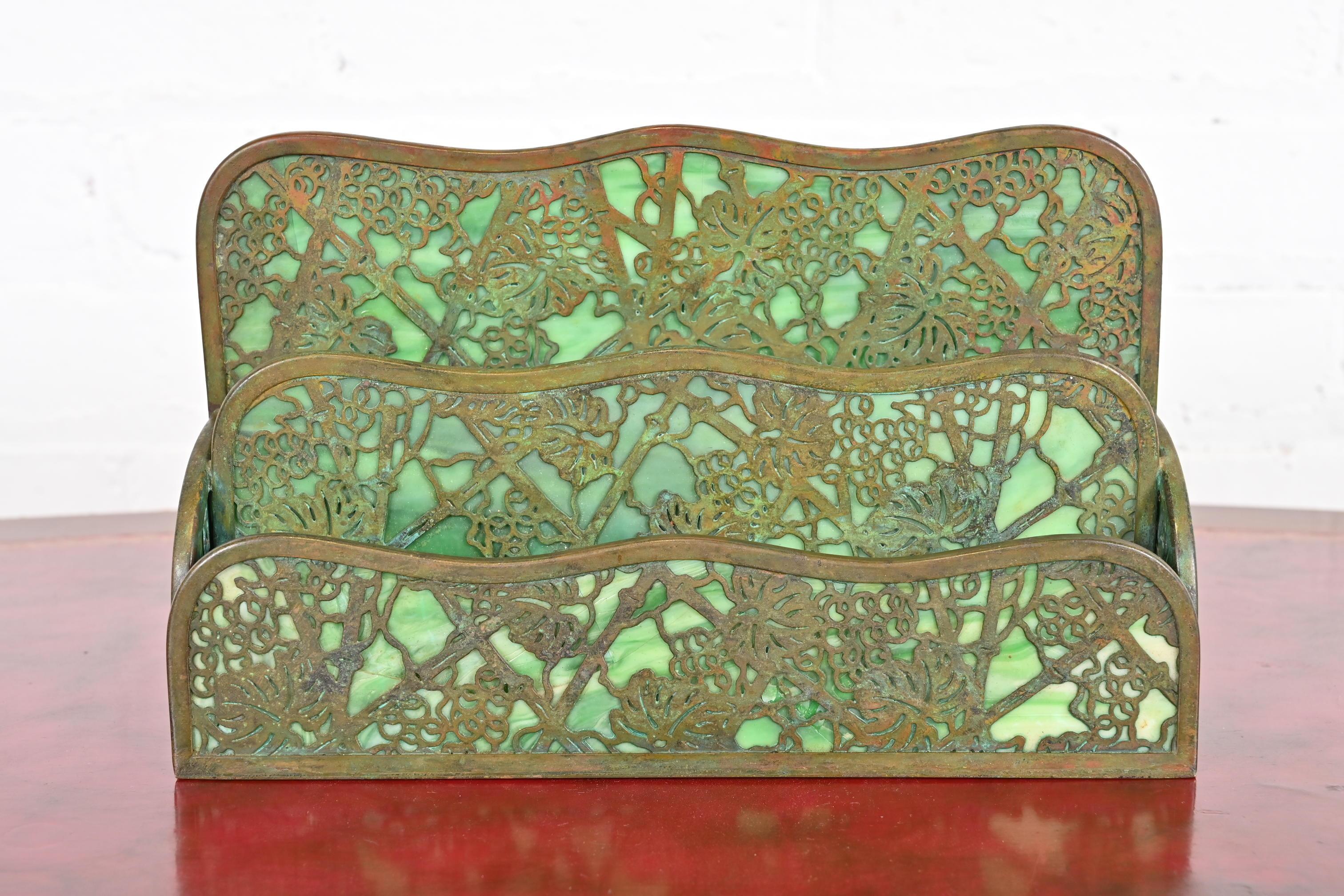 Art Nouveau Tiffany Studios New York Grapevine Bronze and Slag Glass Letter Rack For Sale