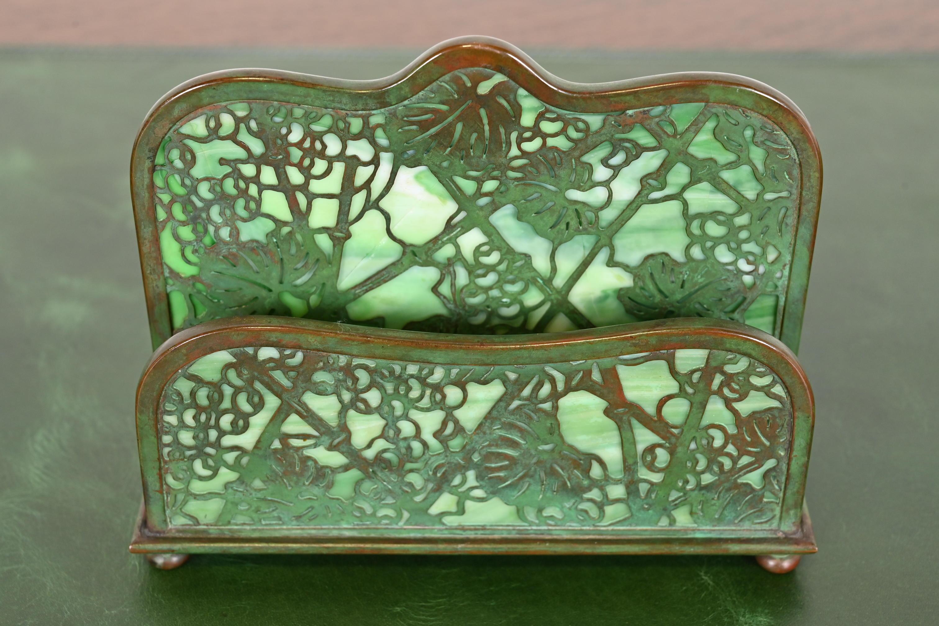Arts and Crafts Tiffany Studios New York Grapevine Bronze and Slag Glass Letter Rack
