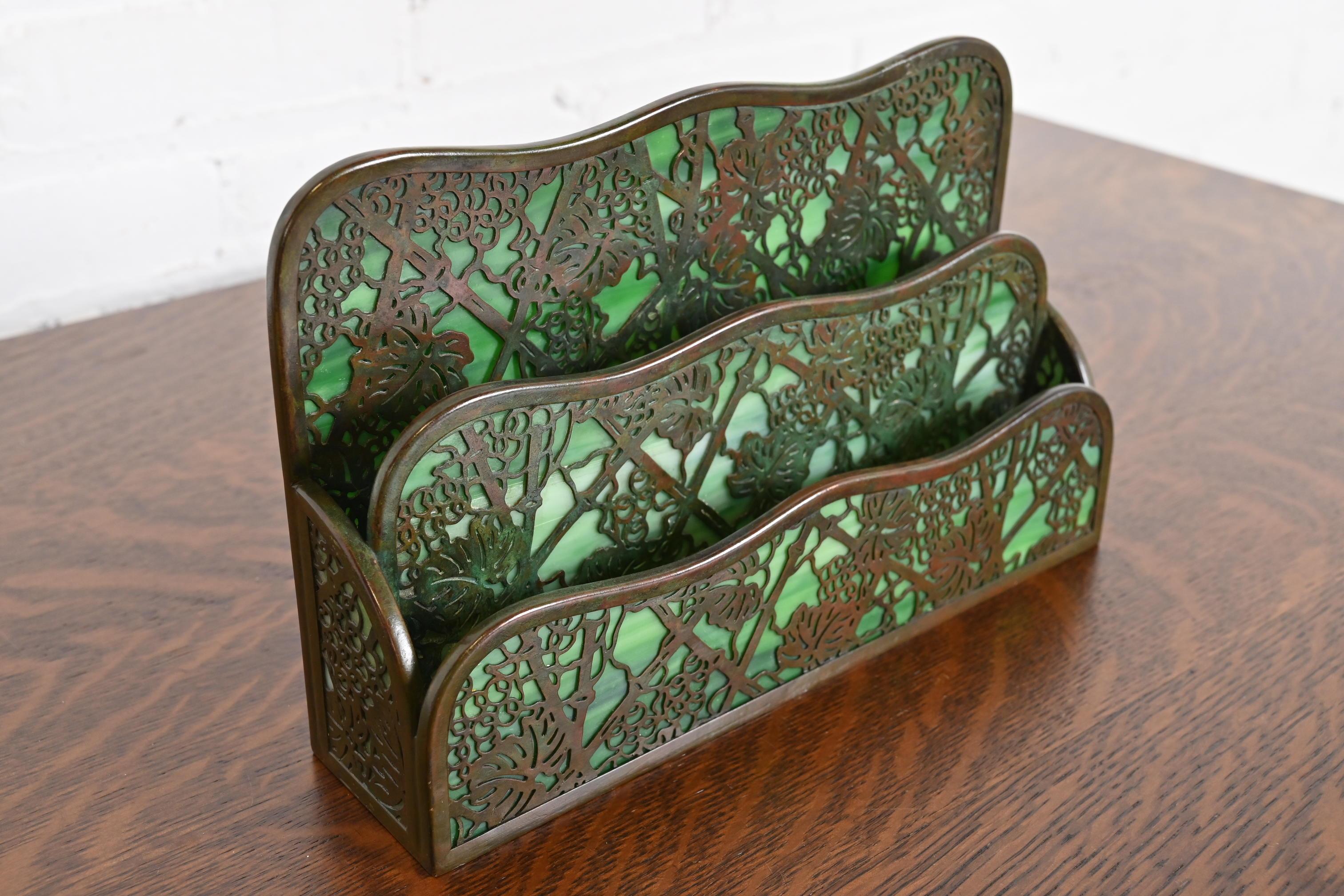 Arts and Crafts Tiffany Studios New York Grapevine Bronze and Slag Glass Letter Rack